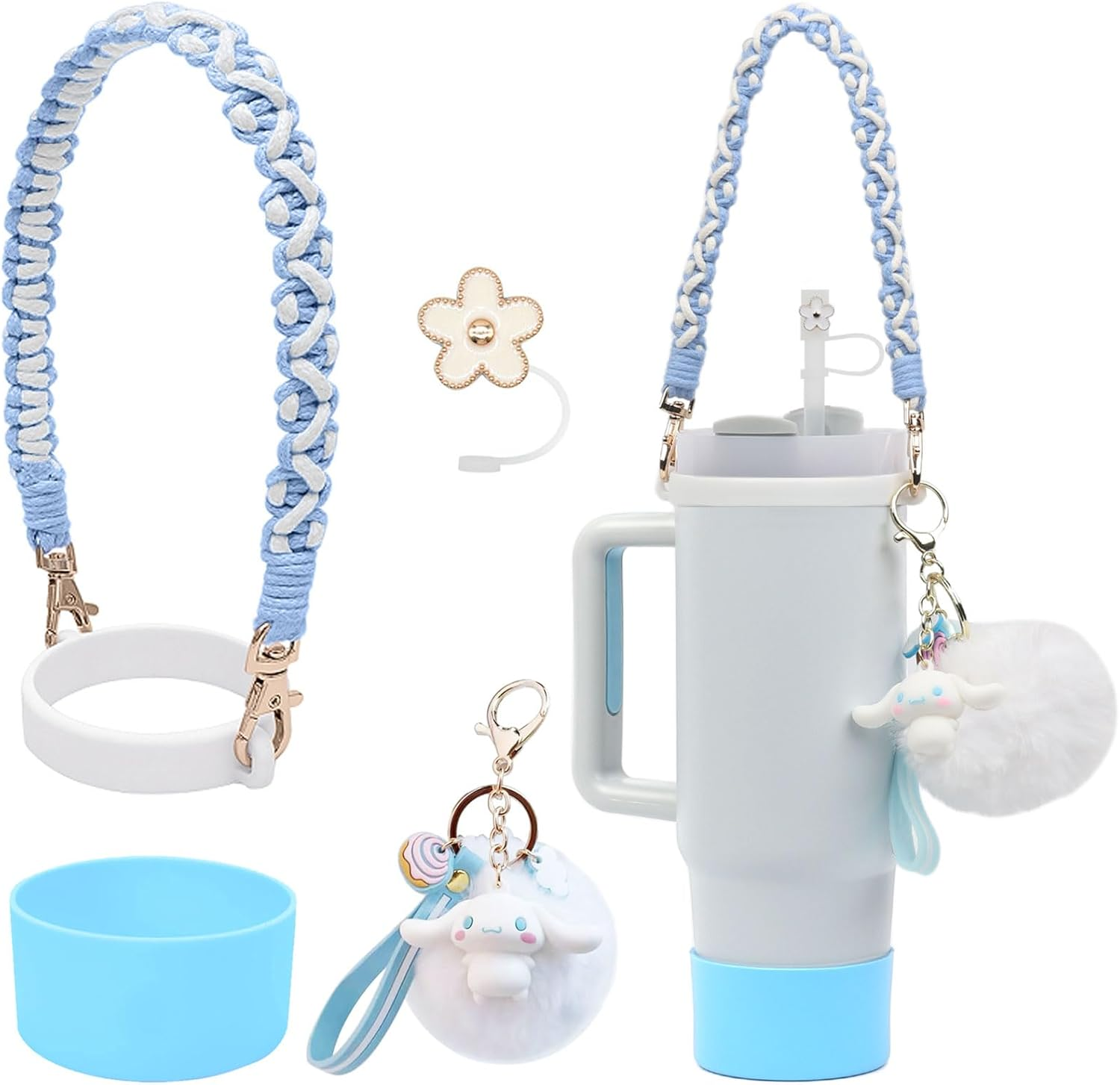 Stanley Cup Accessories Set, Cartoon Cute Kawaii Pom Pom Design Water Bottle Handle Strap, Silicone Stanley Cup Boot, Stanley Charms for Stanley Cup 30/40Oz Tumble