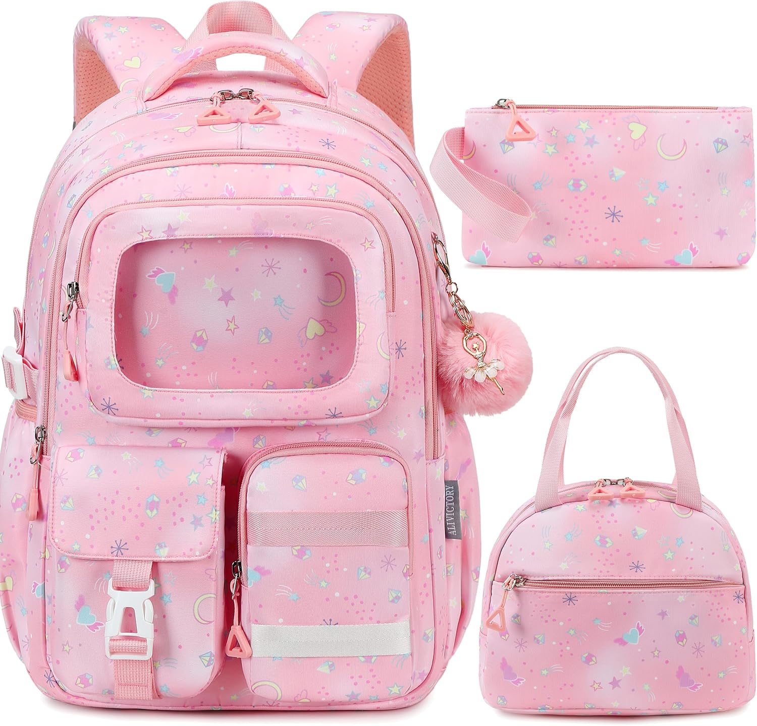 AO ALI VICTORY Backpack for Girls with Lunch Bag Kids School Bags for Elementary Middle School Students Cute Bookbag Set