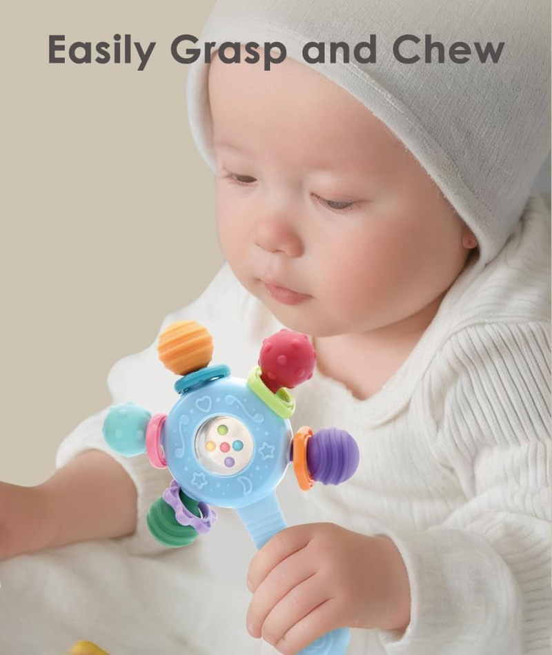 Baby Montessori Sensory Toys for 0-6 6-12 Months, Montessori Early Education Toy, Teething Toy for 3-6 Months, 6-12 Months, Rattle Stick Toy,Baby Rattle, Grasp Training Toy, Baby Teething Toys, Newborn Toys (Blue) - Blue image number 5