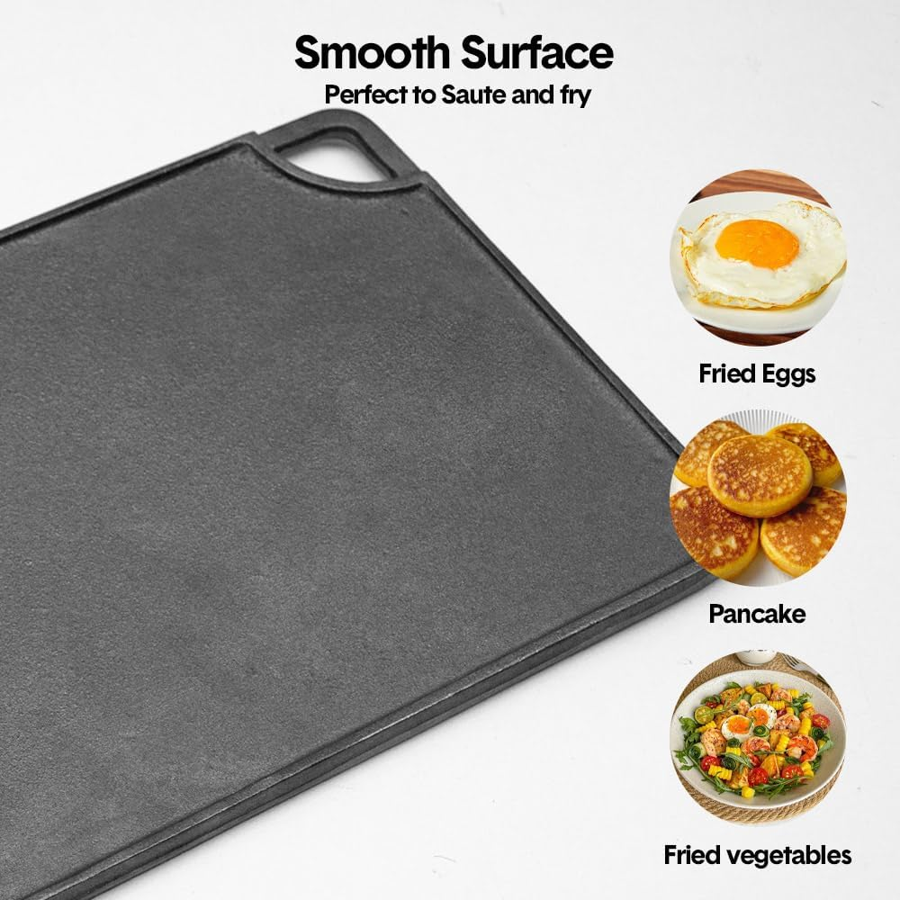 ALSTON Reversible Cast Iron Griddle Rectangular BBQ Plate Double-Sided Flat Top Griddle Pan and Grooved Grill for Gas Stovetop Oven and Open Fire, Black 43&times;24Cm image number 1