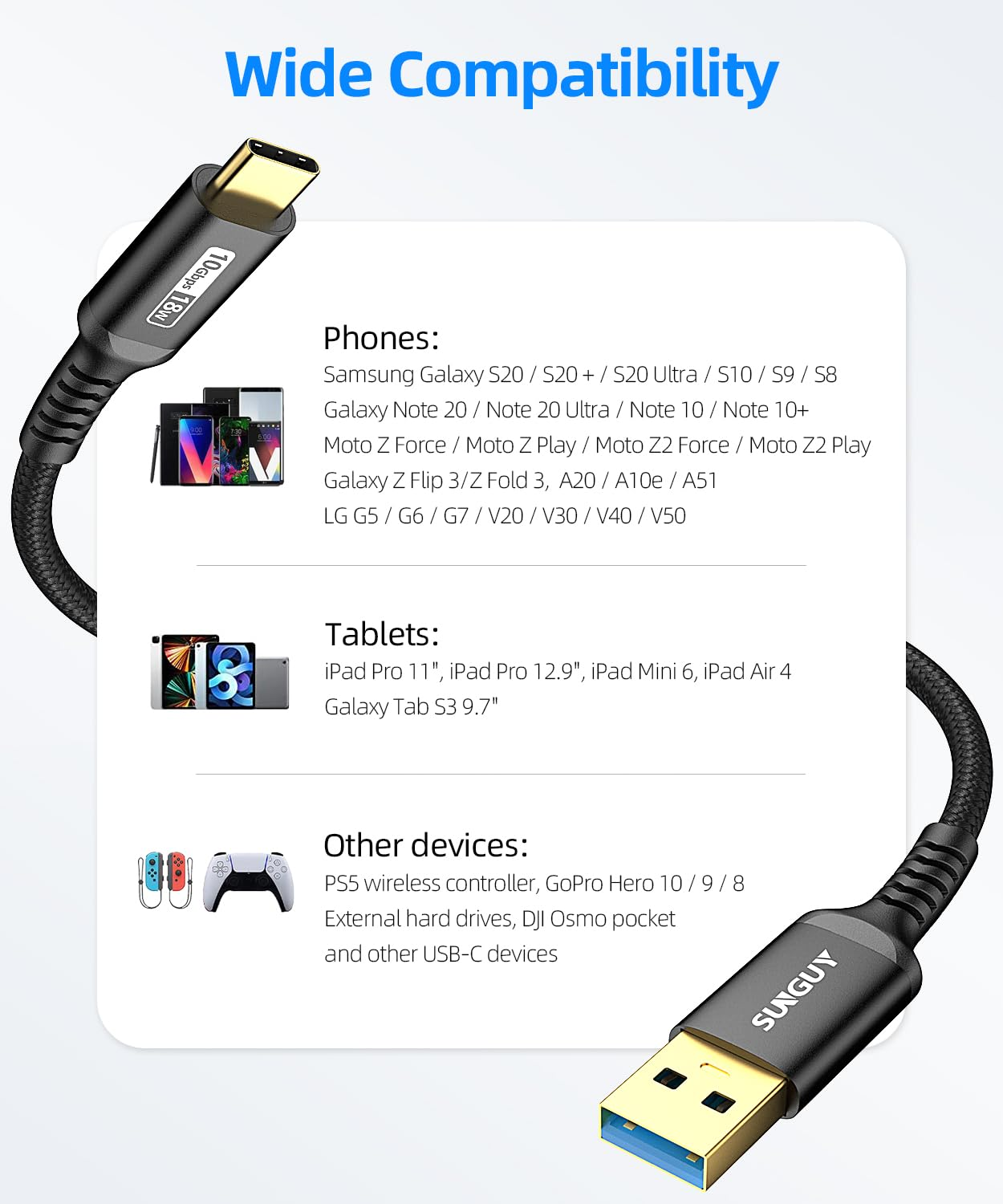 SUNGUY Android Auto USB C Cable, 1.5FT/0.5M USB C 3.1 Gen 2 Braided 3A Fast Charging & 10Gbps Data Transfer USB a to C Cable Compatible with Macbook, Pixel, Switch, Ssd,Black image number 4