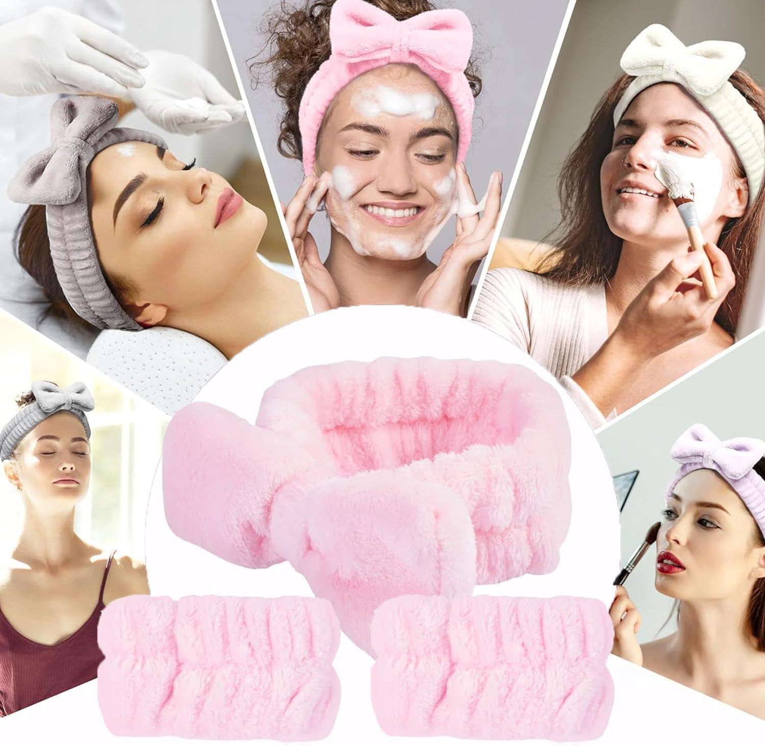 BEANPRECOY Powder Puff and Makeup Sponges Set Reusable Face Makeup Sponge with Strap Wet/Dry Use for Foundation & Powder Fluffy Bow Headband & Absorbent Wristband Used for Washing Face and Skincare image number 6