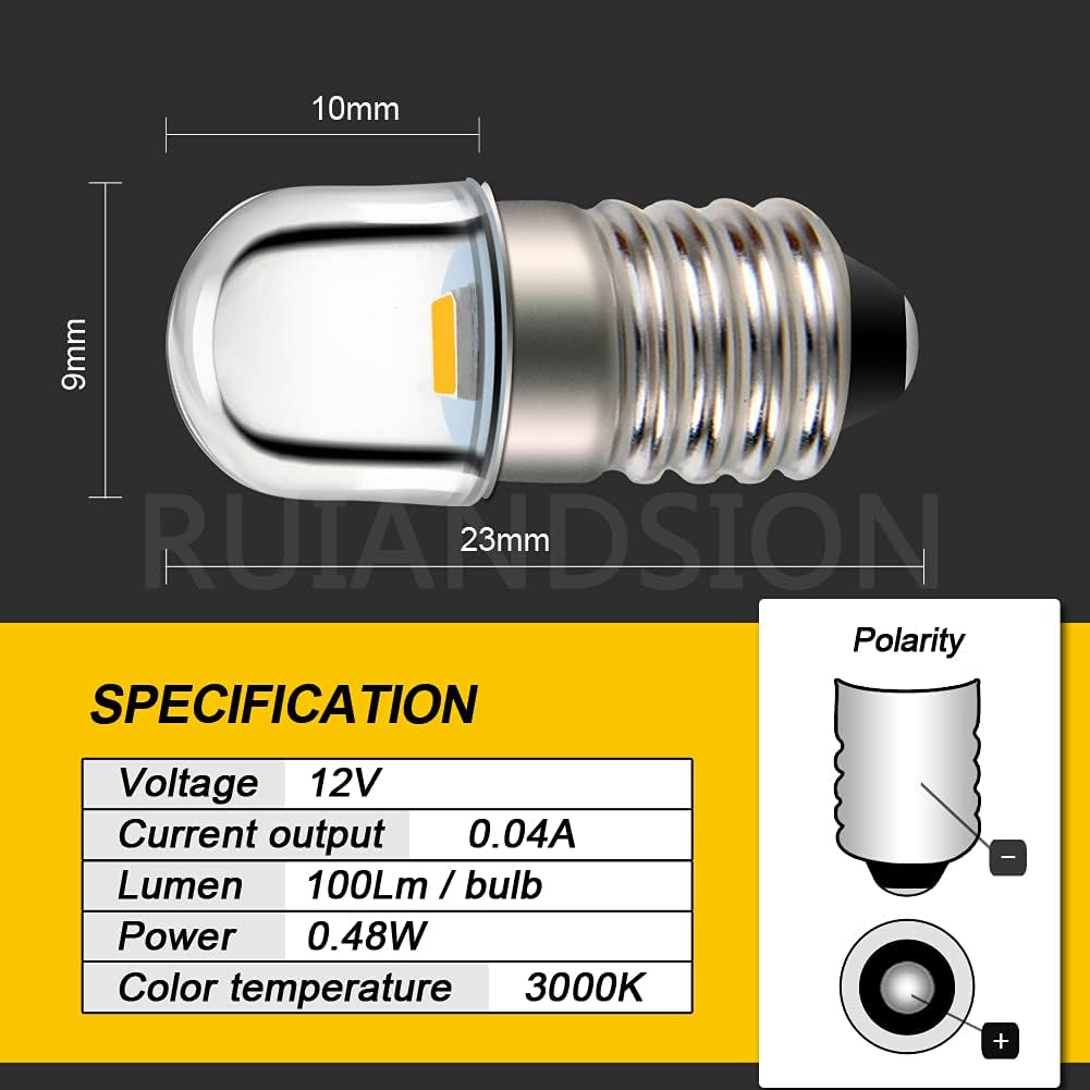 Ruiandsion 5Pcs E10 Base Socket LED Bulb 1W 12V Warm White Replace Torch Light Flashlight Bulbs,Negative Earth image number 2