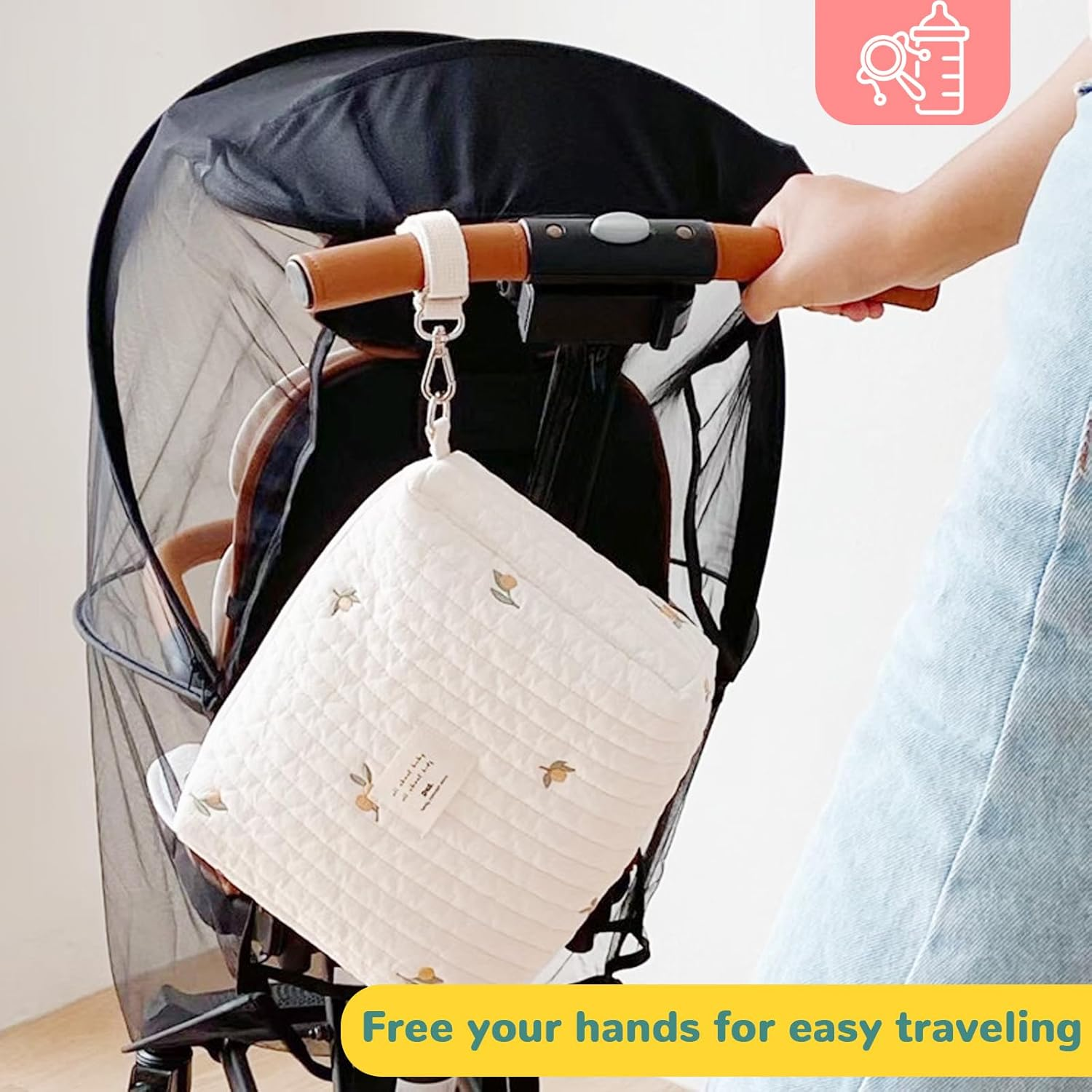 Small Diaper Bag Tote Bag Quilted Cotton Cute Pattern Nappy Diaper Storage Bag with Stroller Hooks Portable Stroller Baby Diaper Bag for Baby Bottles, 25X16X8Cm image number 3