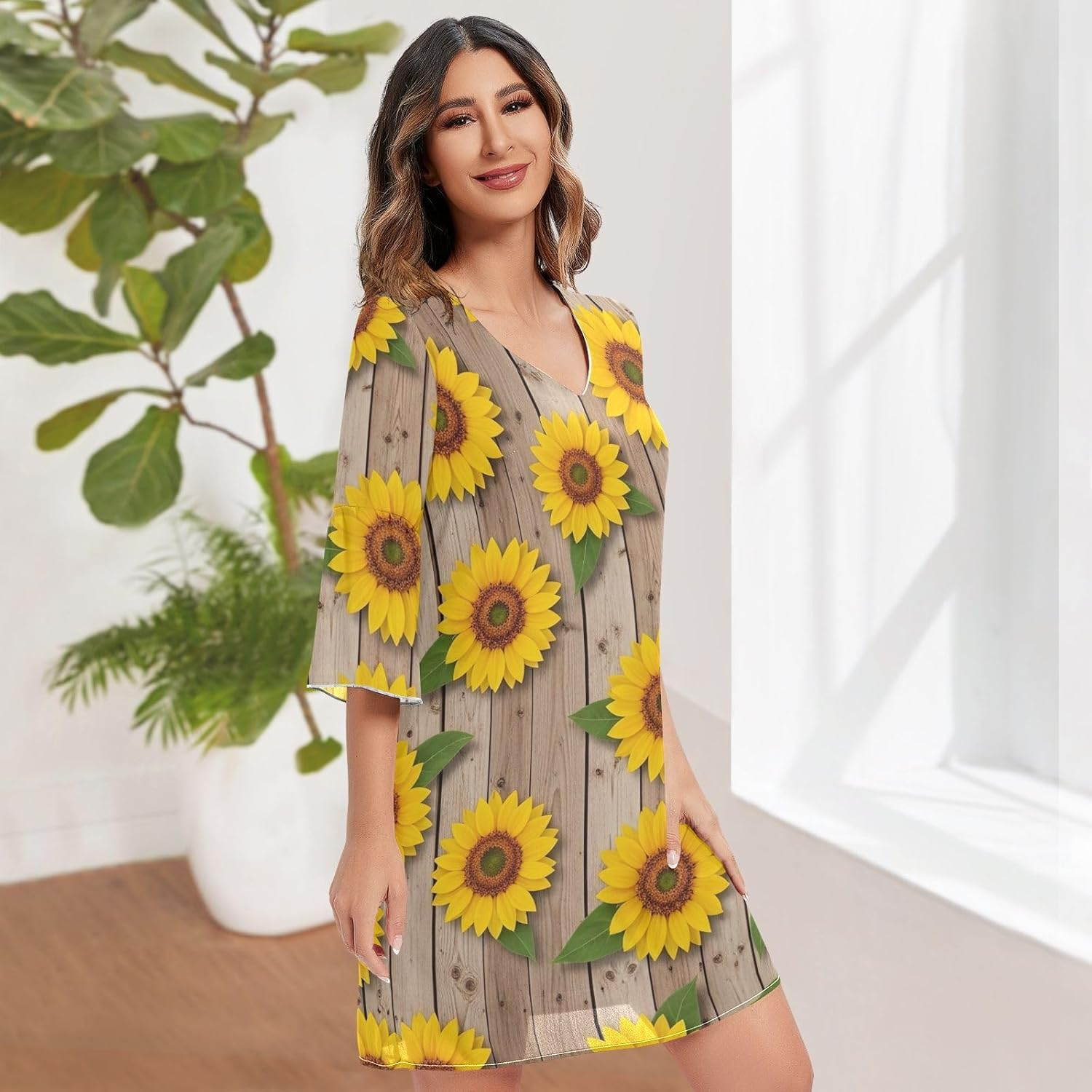 Rustic Yellow Sunflowers V Neck Dress Printed Line Maternity Dress image number 1