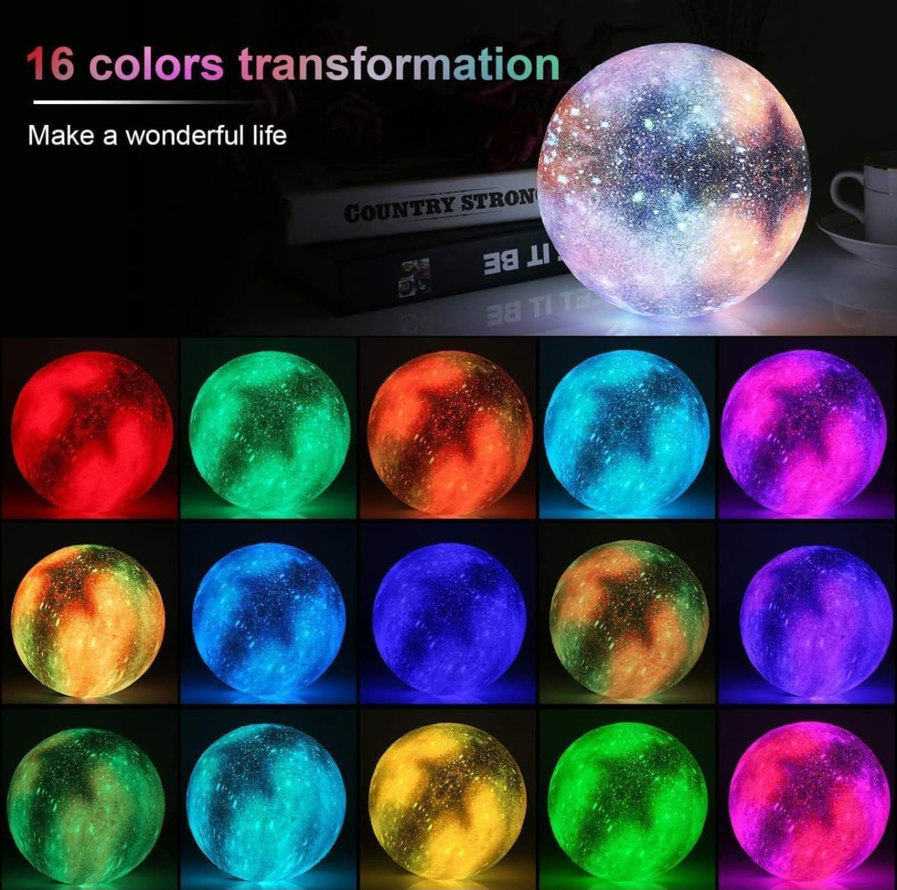 Moon Lamp with Hand Holder 16 Colours-4Inch 3D Lunar | Artful Home Decor | Moon Lamp Night Light for Bedroom | Perfect for Women, Men, Wife, Dad, Girl, Child, Kids & Baby Birthday. image number 1