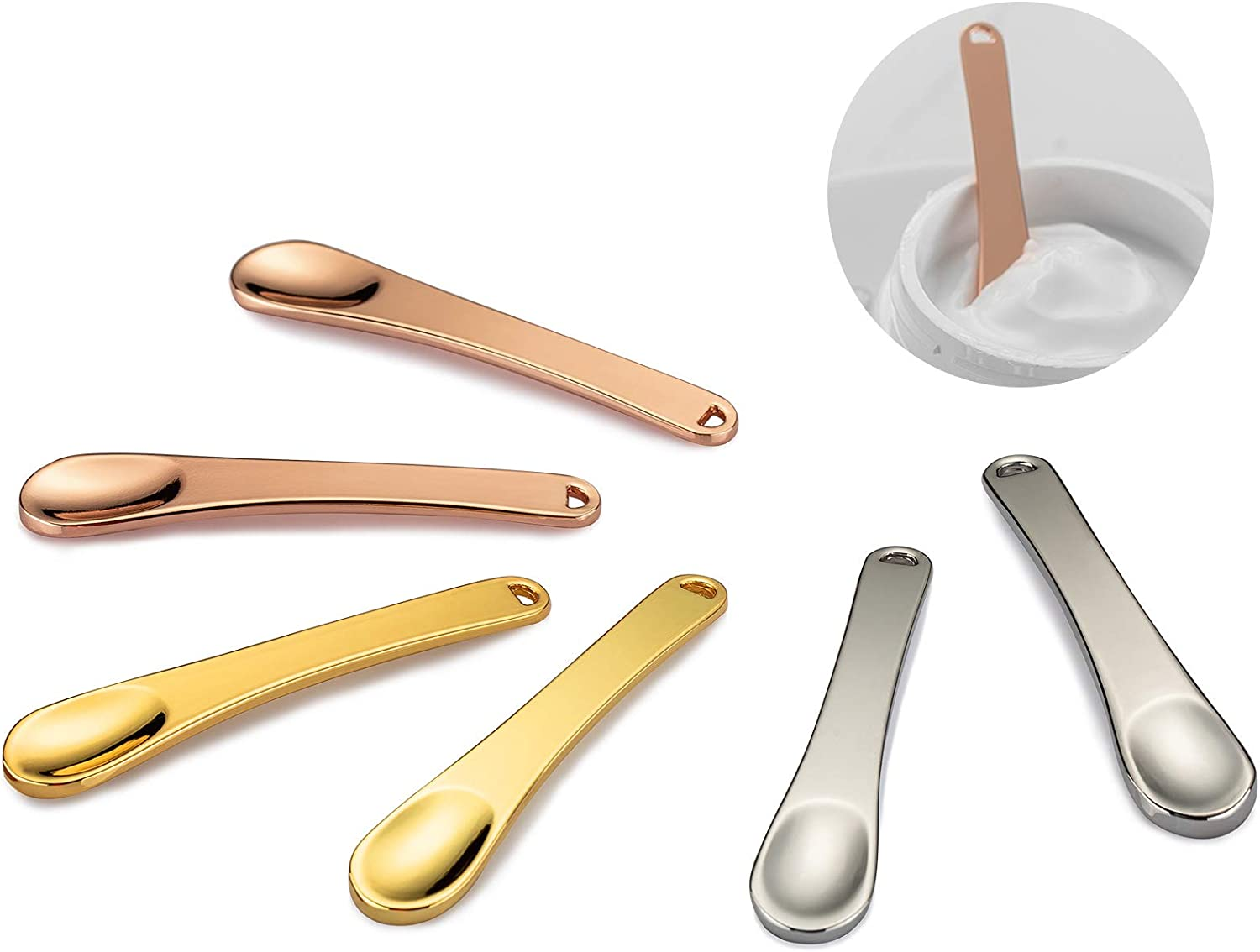 Tekson Metal Cosmetic Skincare Spatula, Mini Mask Facial Reusable Scoop, Makeup Beauty Spoons for Cream, Lotions, Moisturizers (Rose Gold, Gold, Silver) (Long Size)