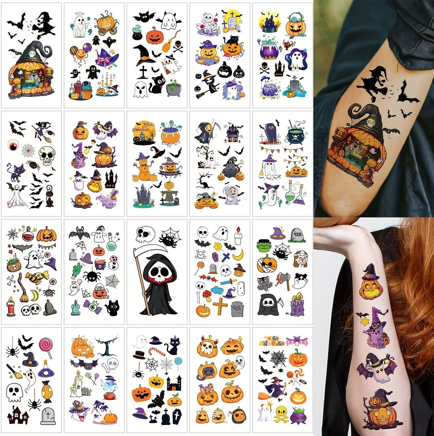 20 Sheets Halloween Tattoos Kids Temporary - Halloween Stickers Waterproof - Bats Ghosts Witches Spiders - Halloween Sticker for Adults Kids - Steadyink&reg;