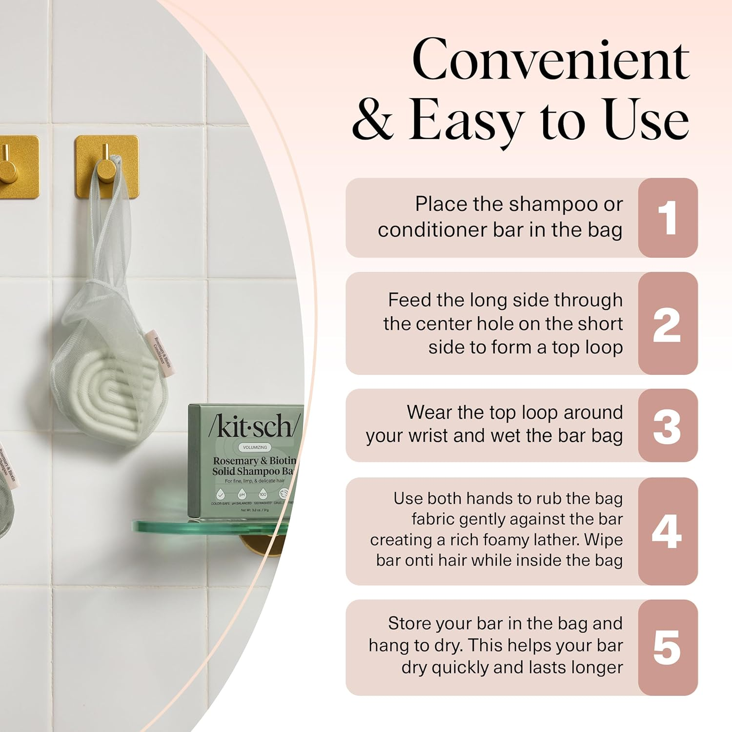 Kitsch Bar Soap Saver Bag - Patented Mesh Bag Soap Holder for Rosemary & Biotin Conditioner Bar with Tag Identifier - Extends Use & Prevents Soggy Mess - Recycled Mesh Beauty Pouch, Eco-Friendly image number 6