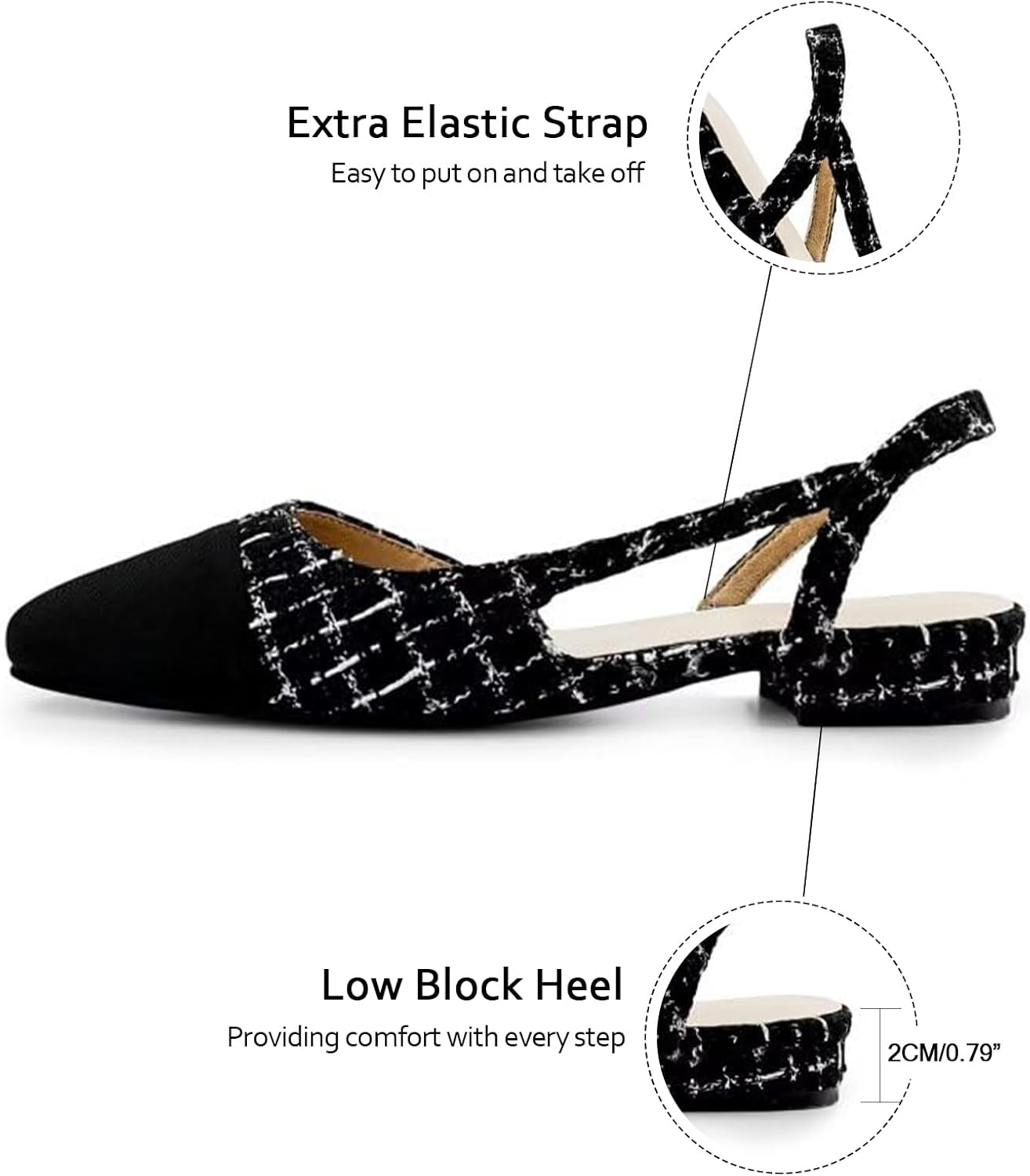 MICIFA Slingback Flats for Women, round Toe Low Heel Sandals Fashion Splicing Dress Shoes for Women, Fabric Black, 8.5 image number 1