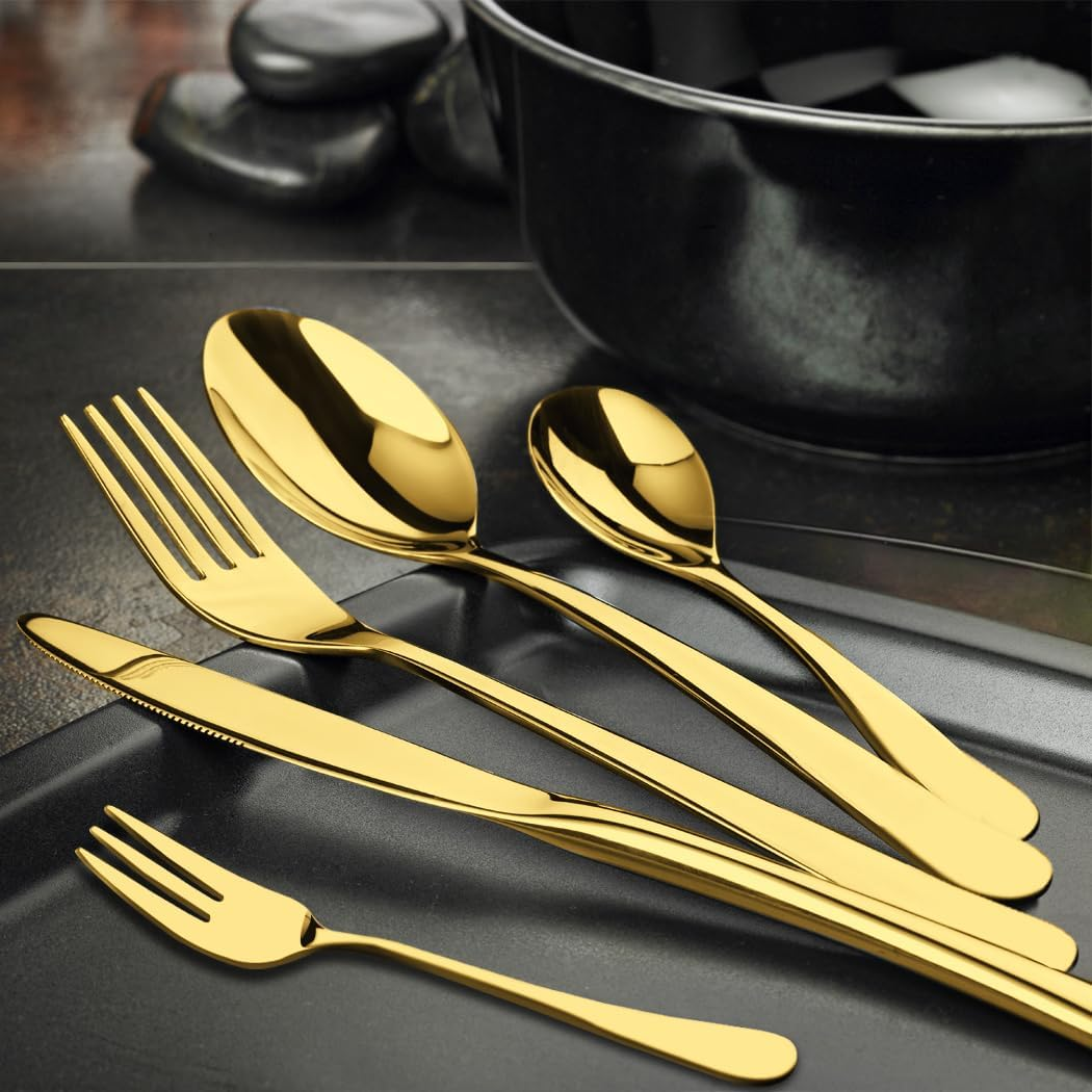 TOQUE 30PCS Gold Cutlery Set, Stainless Steel Kitchen Knife Fork Spoon Sets, Food Grade Travel Camping Mirror Polish Dishwasher Safe Coffee Utensil Dinner Portable Set - Black image number 7