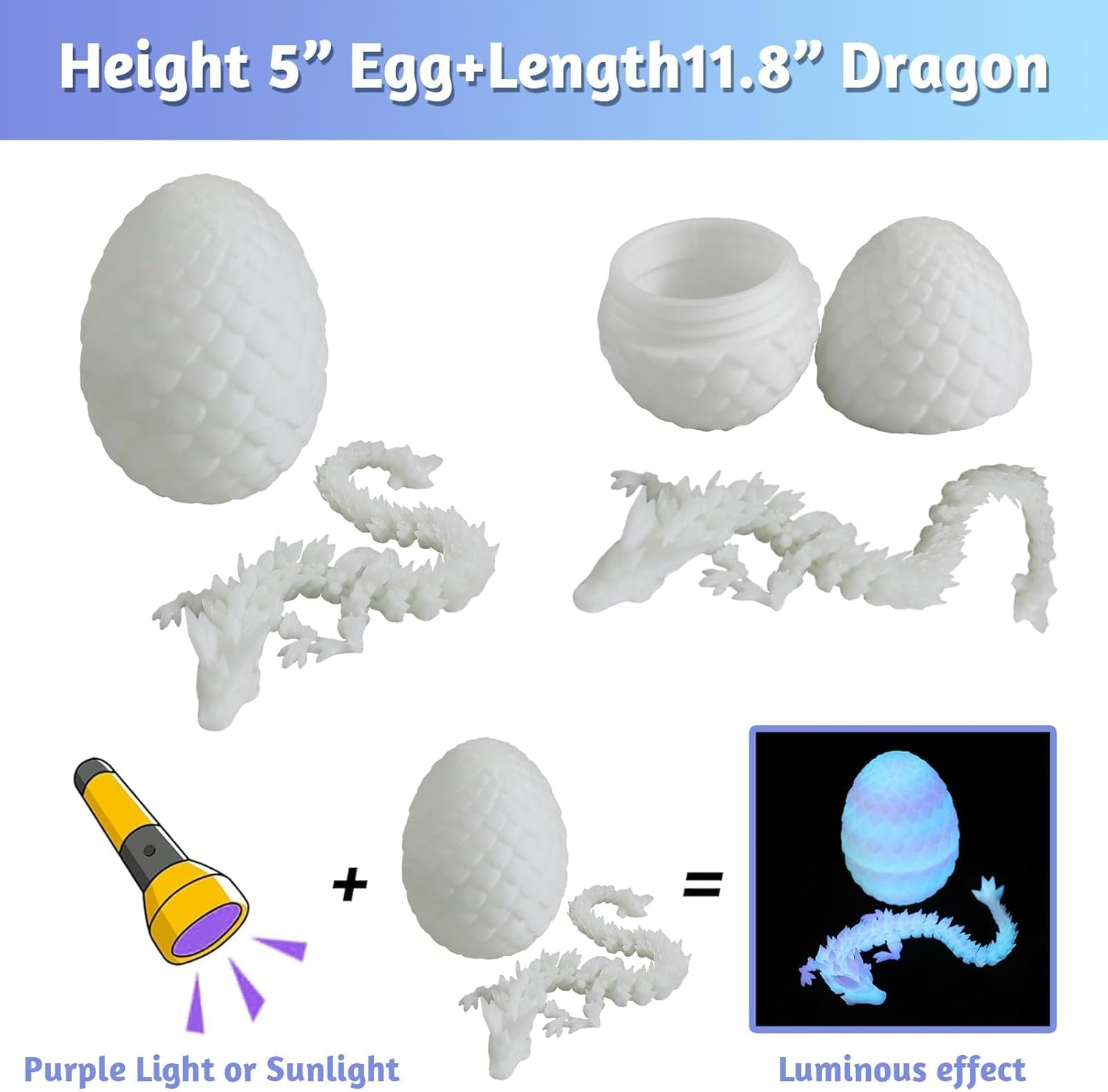 3D Printed Rainbow Dragon Eggs with 11" Articulated Dragon inside - Glow in the Dark Surprise Egg, Stress Relief & Focus Promotion, Home & Office Decor image number 3
