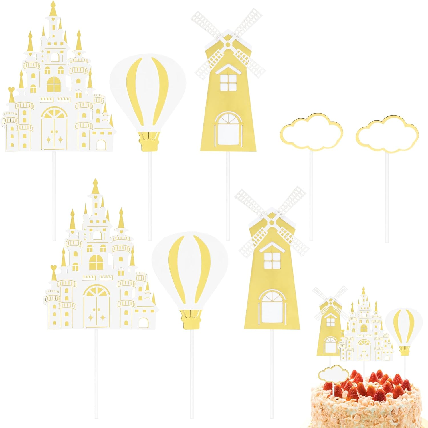 Hannafires 8PCS Castle Cake Topper Set &ndash; Princess & Prince Birthday Party Decorations with Castle, Balloons, Clouds, Picks & Banners for Kids' Fairy Tale Theme Cakes image number 2