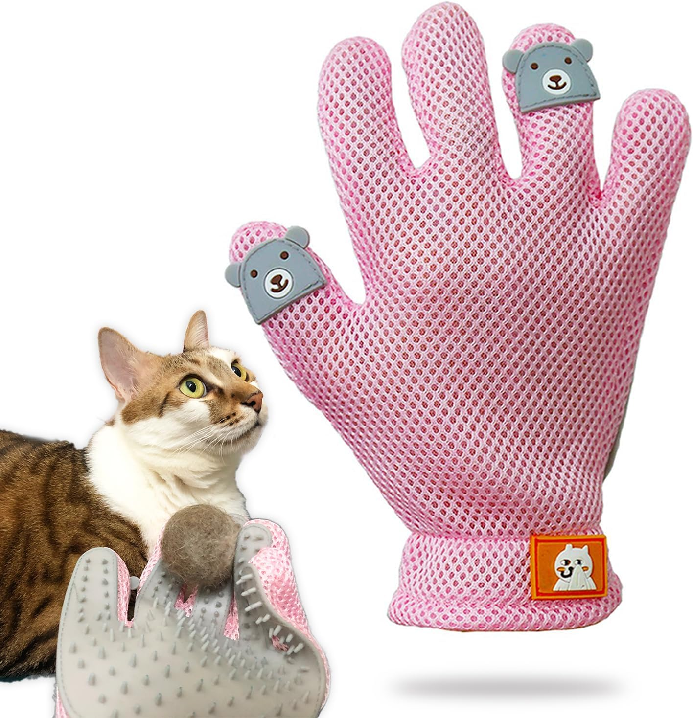 FURBB Pet Grooming Glove - Cat Dog Gentle Deshedding Brush Glove - Efficient Pet Hair Remover Massage Mitt - Enhanced Five Finger Design Perfect for Long Short Fur, Right Hand (Pink) Pet Bathing