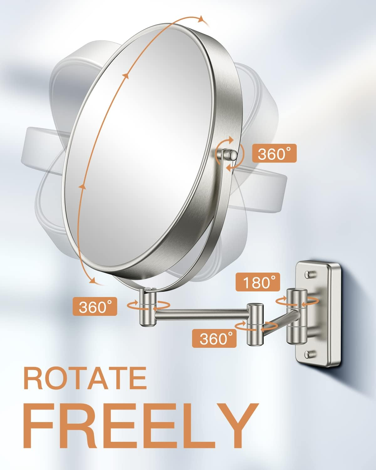 Benbilry 9" Large Size Wall Mounted Makeup Vanity Mirror, 1X/10X Magnifying Double Sided Shaving Mirror for Bathroom, 360&deg; Swivel Extendable Arm, Nickel Finish - Nickel-No Led image number 5