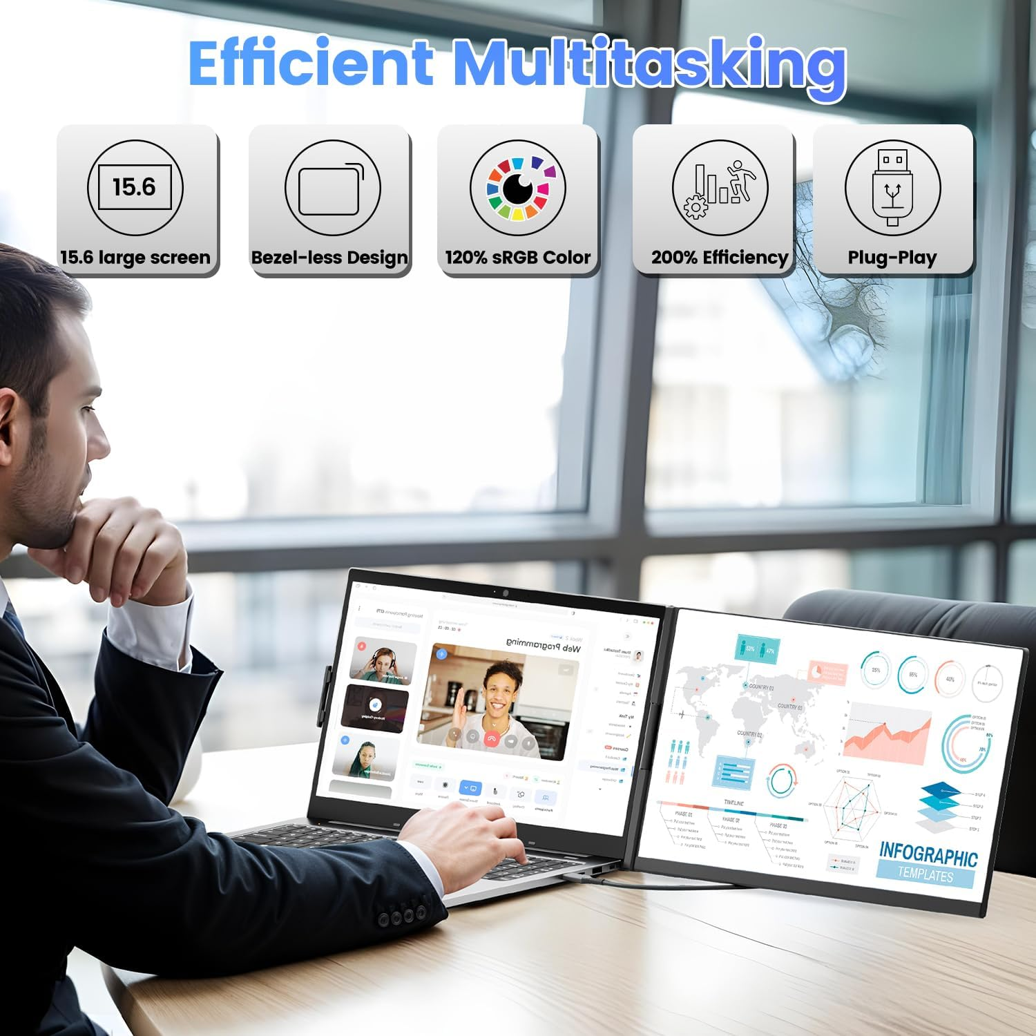 Teamgee 15.6" Laptop Screen Extender, Slim & Lightweight Portable Monitor for Laptop, Full HD IPS, 360&deg; Rotating Stand, Detachable, USB-C Plug & Play, RGB Lighting, Thin Bezels image number 2