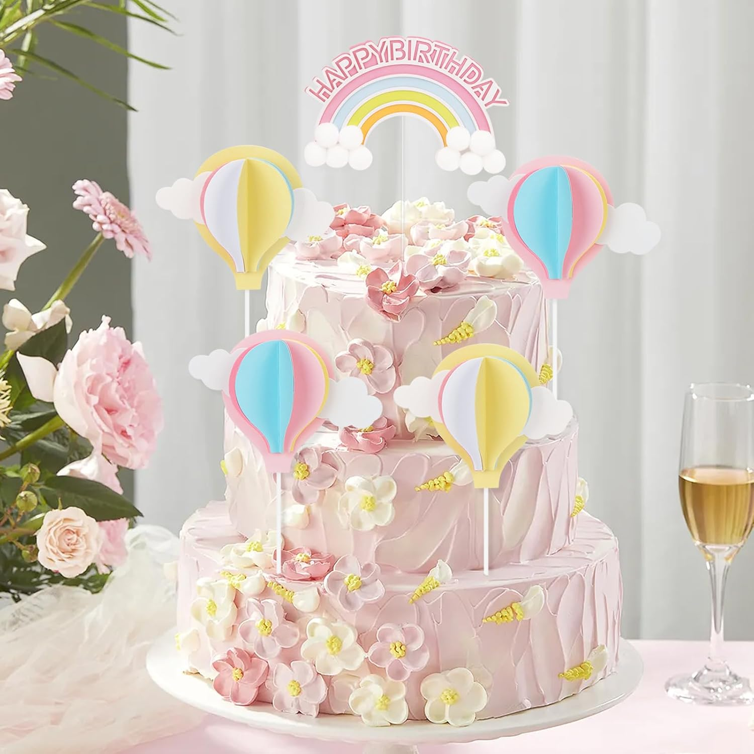 Hannafires (22PCS) 2 Rainbow Pom Pom Cake Toppers & 20 3D Pink & Yellow Balloon Decorations &ndash; Heart-Shaped Cake Picks for Baby, Little Princess Birthday Parties & Baking image number 6