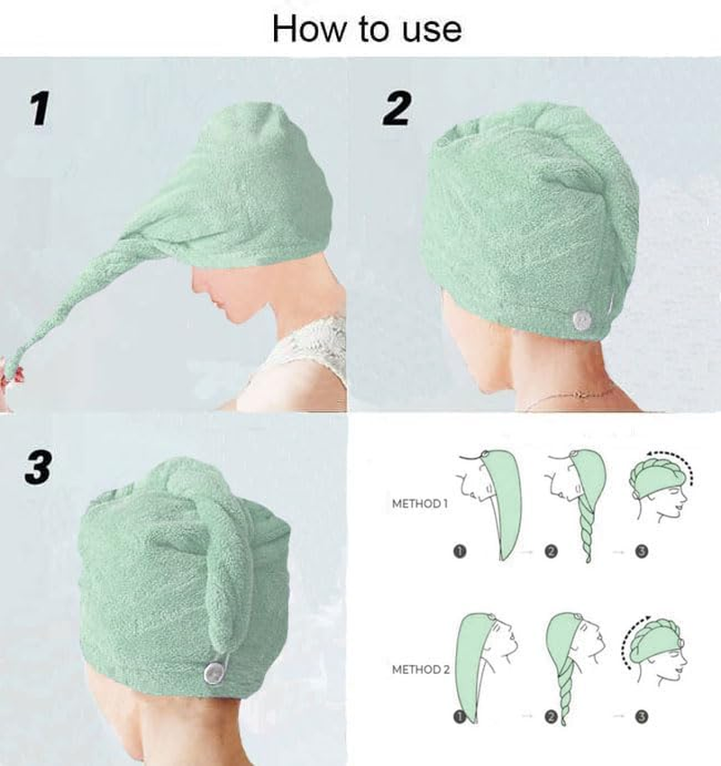 2PCS Microfiber Hair Towel - Super Absorbent Hair Turbans for Wet Hair- anti Frizz Head Towels Wrap - Drying Towels with Button for Long Curly and Thick Hair (Green+White) image number 4