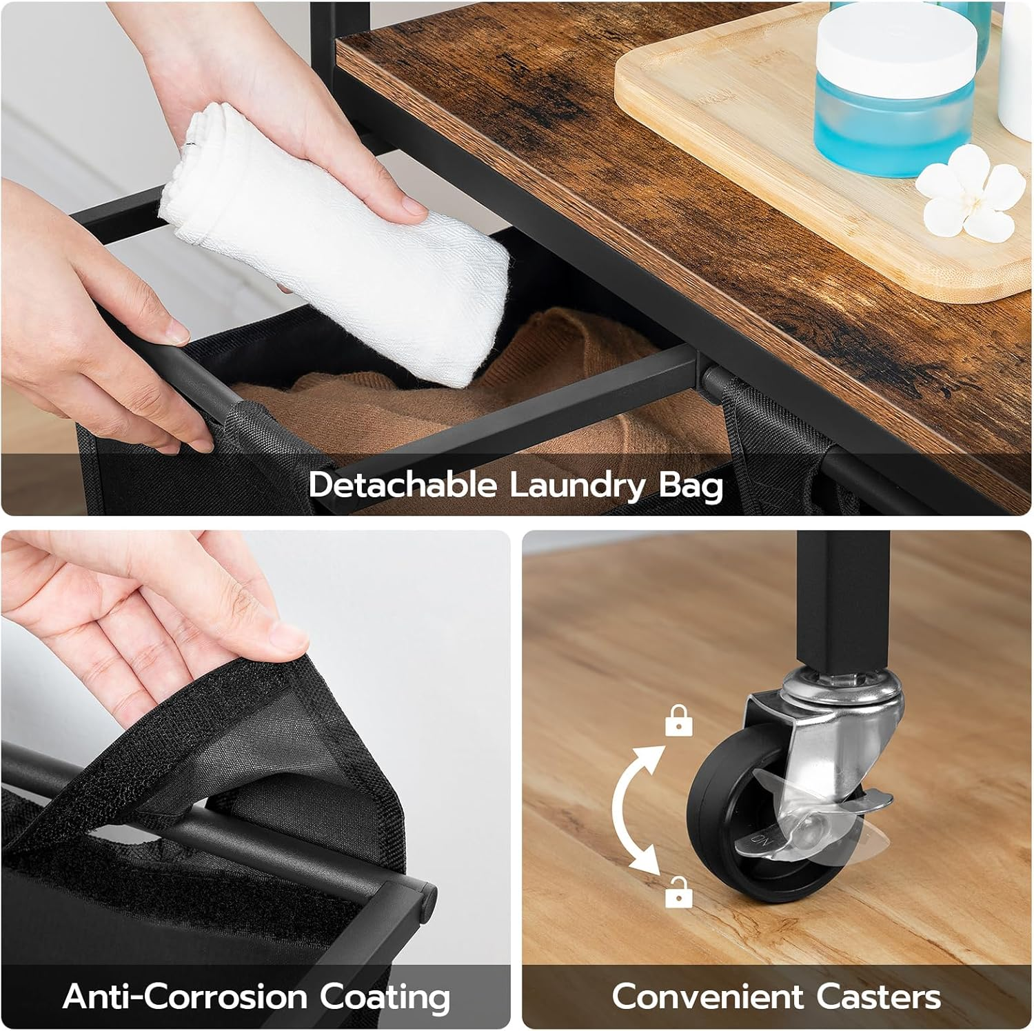 HOOBRO Laundry Sorter 4 Sections, Laundry Hamper with Wheels, 4 &times; 10.5 Gal (40 L), Rolling Laundry Basket, Pull-Out and Removable Oxford Fabric Bags, Rustic Brown and Black BF04XY01 image number 5