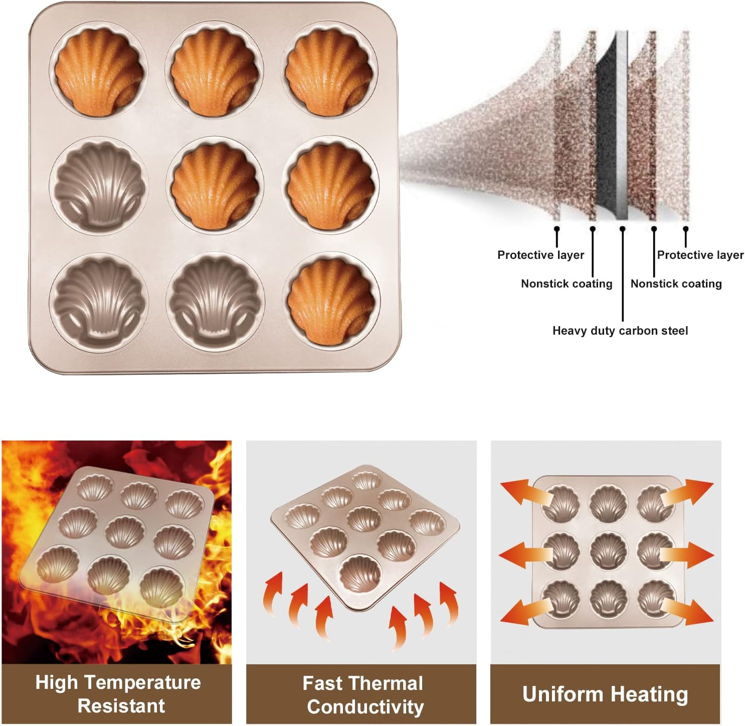 Madeleine Baking Moulds Shell Mould Cake Mould Bear Paws Baking Mould Non-Stick Madeleine Baking Tray Mould French Dessert Baking Mould Made of Carbon Steel 9 Cavities for Muffins Brownies Bread image number 1