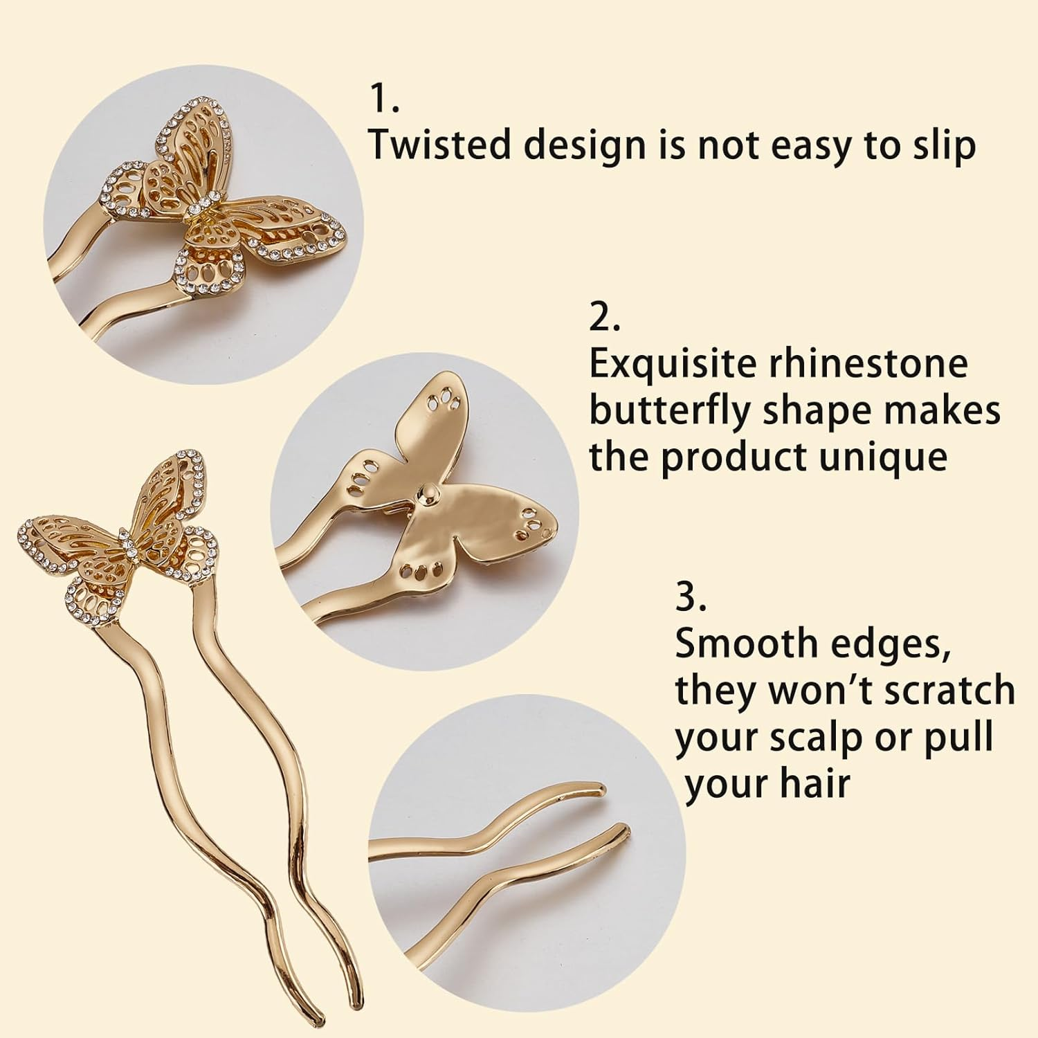 NICENEEDED 2 PCS Vintage Butterfly Hairpins, U-Shaped French Twist Alloy Hair Forks, Silver Gold Double Prong Hair Accessories for Wedding Party Holiday Daily image number 6