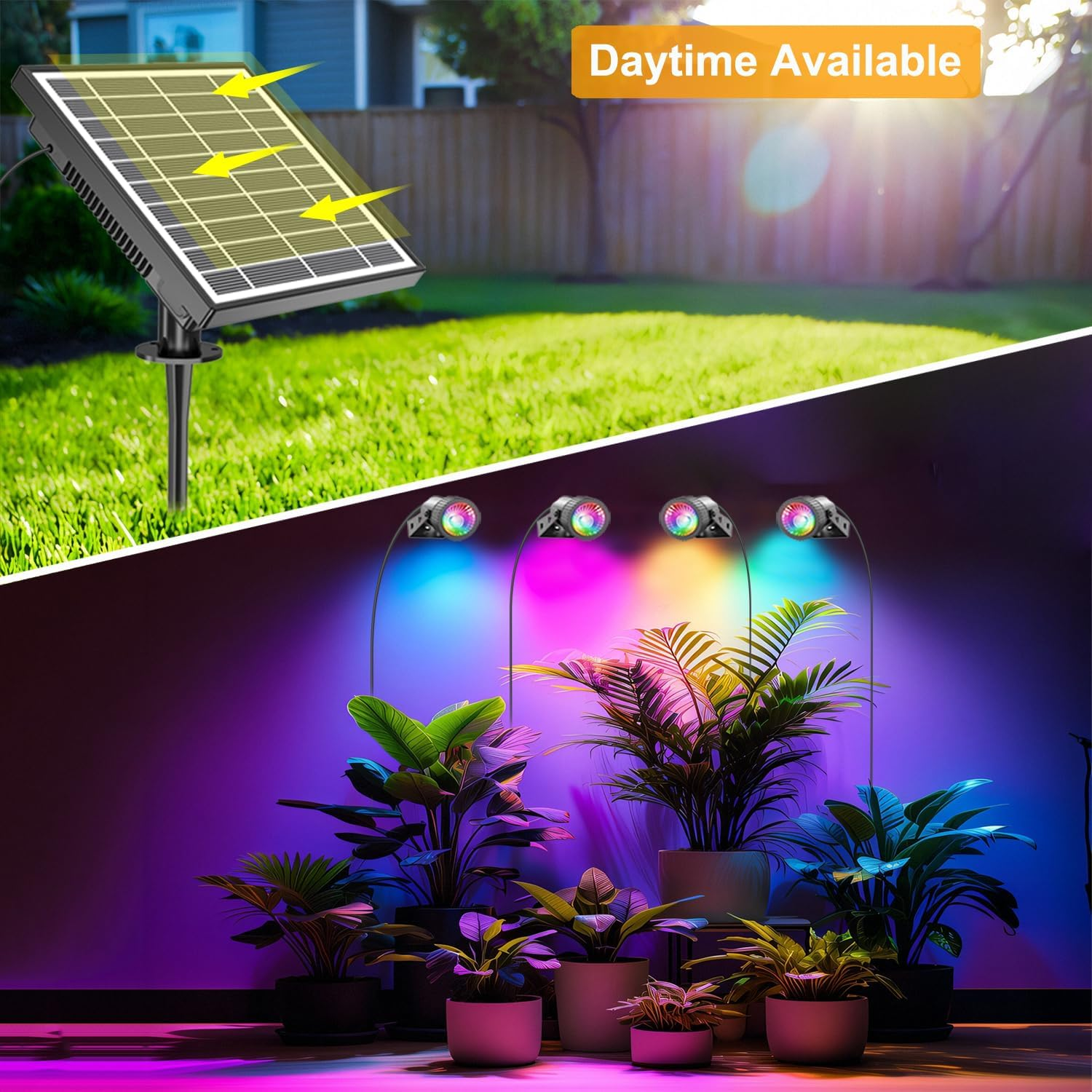 Solar Spot Lights, 4 in 1 Solar Garden Spotlights Outdoor Waterproof Color Changing Daytime Working with USB Charging, Remote for Pathway Landscape Tree Lawn Yard Pool image number 4