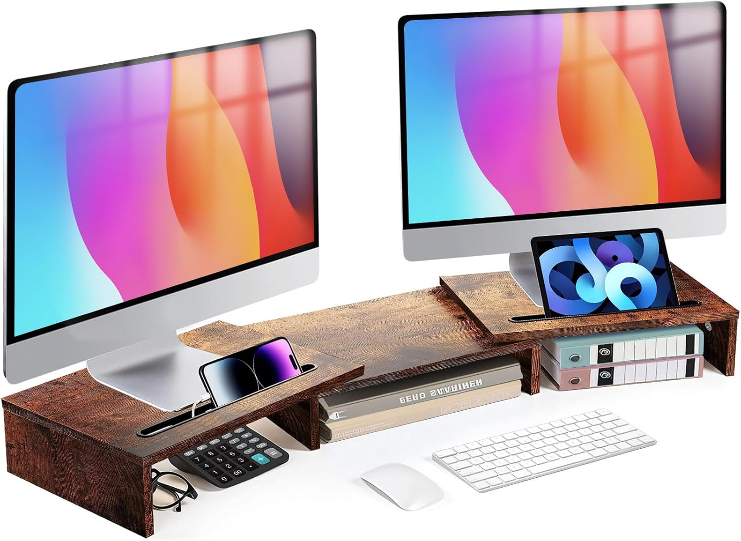 DAWNTREES Dual Monitor Stand Riser 3 Shelf Screen Stand with Adjustable Length and Angle, 2 Extra for PC, Computer, Laptop