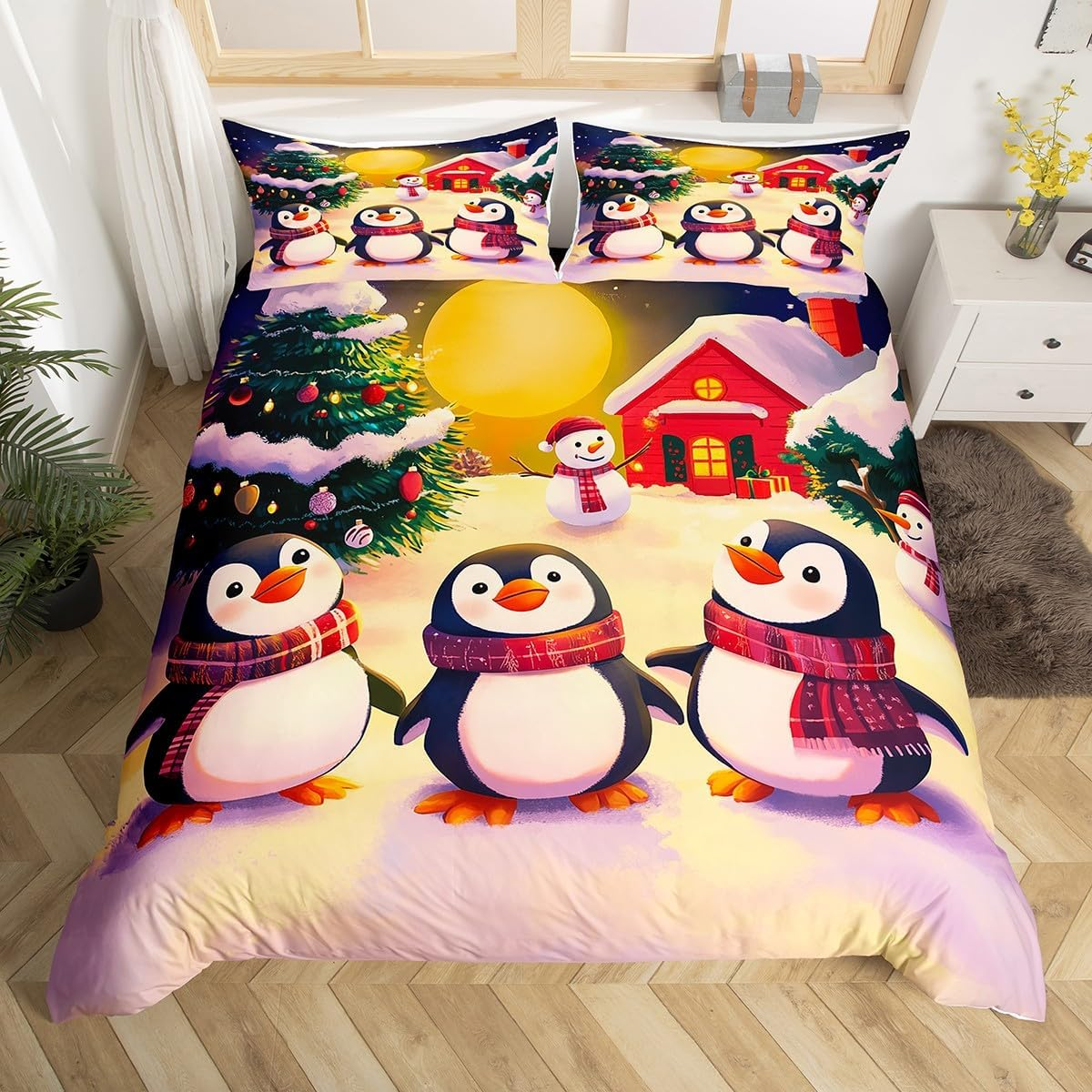 Kawaii Santa Claus Bed Linen Set for Children Girls Teens, Pink Christmas Duvet Cover 155 X 220, Cartoon Cute Gingerbread Man Comforter Cover, Christmas Candy Snowflake Bed Set Xmas Decor