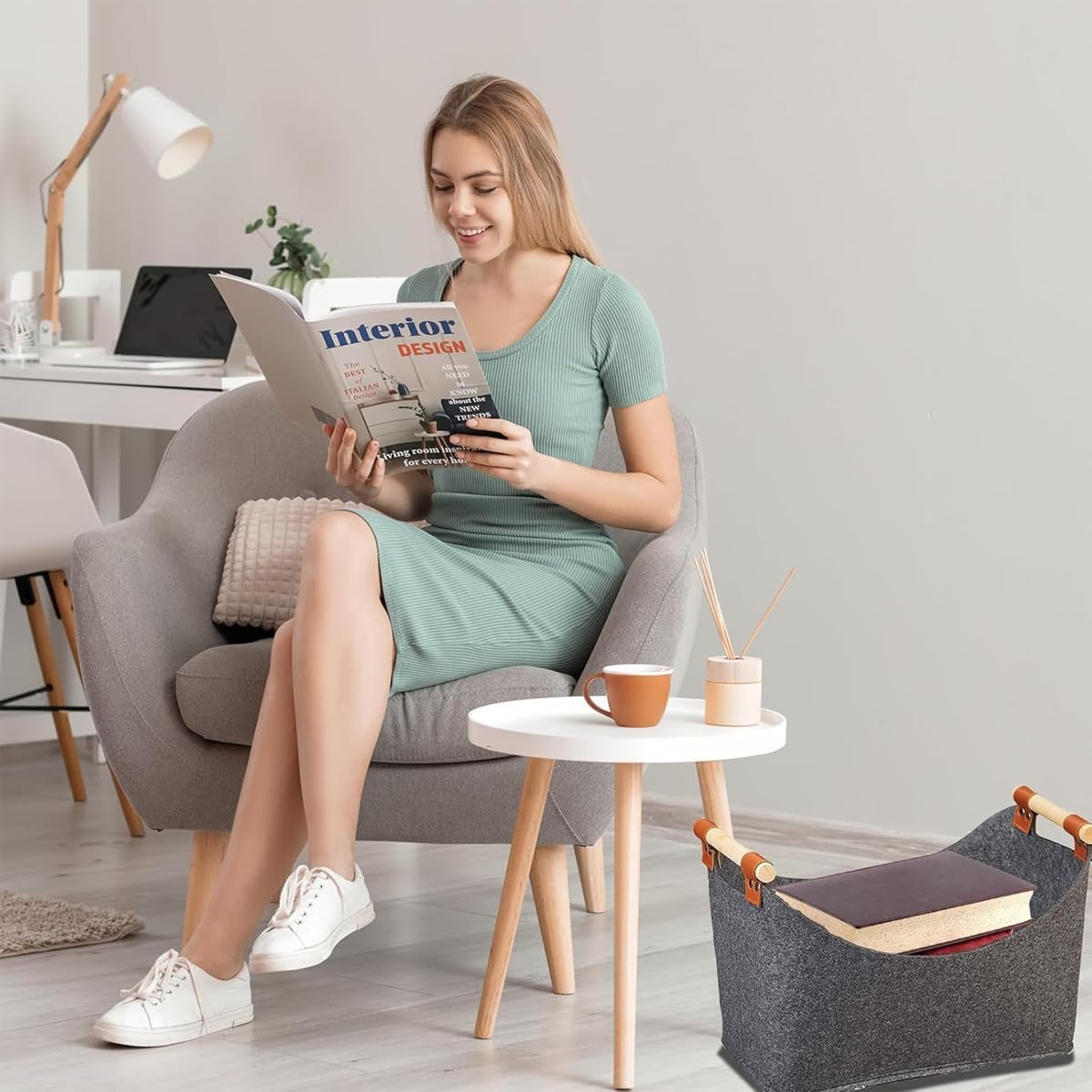 AIMALL Felt Firewood Basket with Wooden Handles, 17.71 X 15.74 X 12.59 Inch Felt Storage Bag, Durable Handbag for Firewood, Toys, and Blanket Organisation image number 6