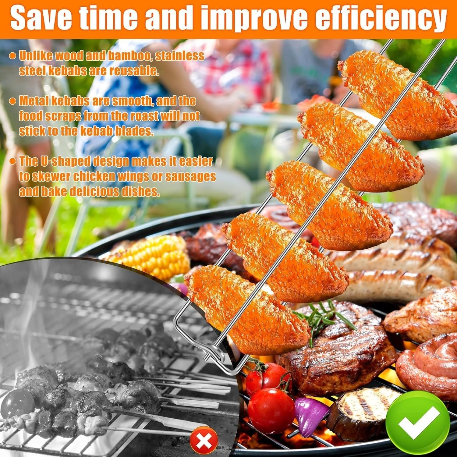 Lyfengdeam Chicken Wing BBQ Fork, Metal Grilling Rails, Wing Rails for Grilling Chicken Wings, U Shape Design Clamping Rails Flat Sticks Tool Set for Outdoor Picnic Camping Barbecue(4Pcs) image number 6