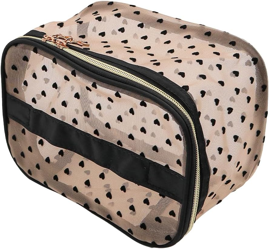 Set of 2 NUZAMAS Mesh Cosmetic Bag Heart Pink Portable Makeup Pouch Travel Toiletry Bag Mini Zipper Mesh Pouch Makeup Organizer for Home Office Travel Women Girls image number 3