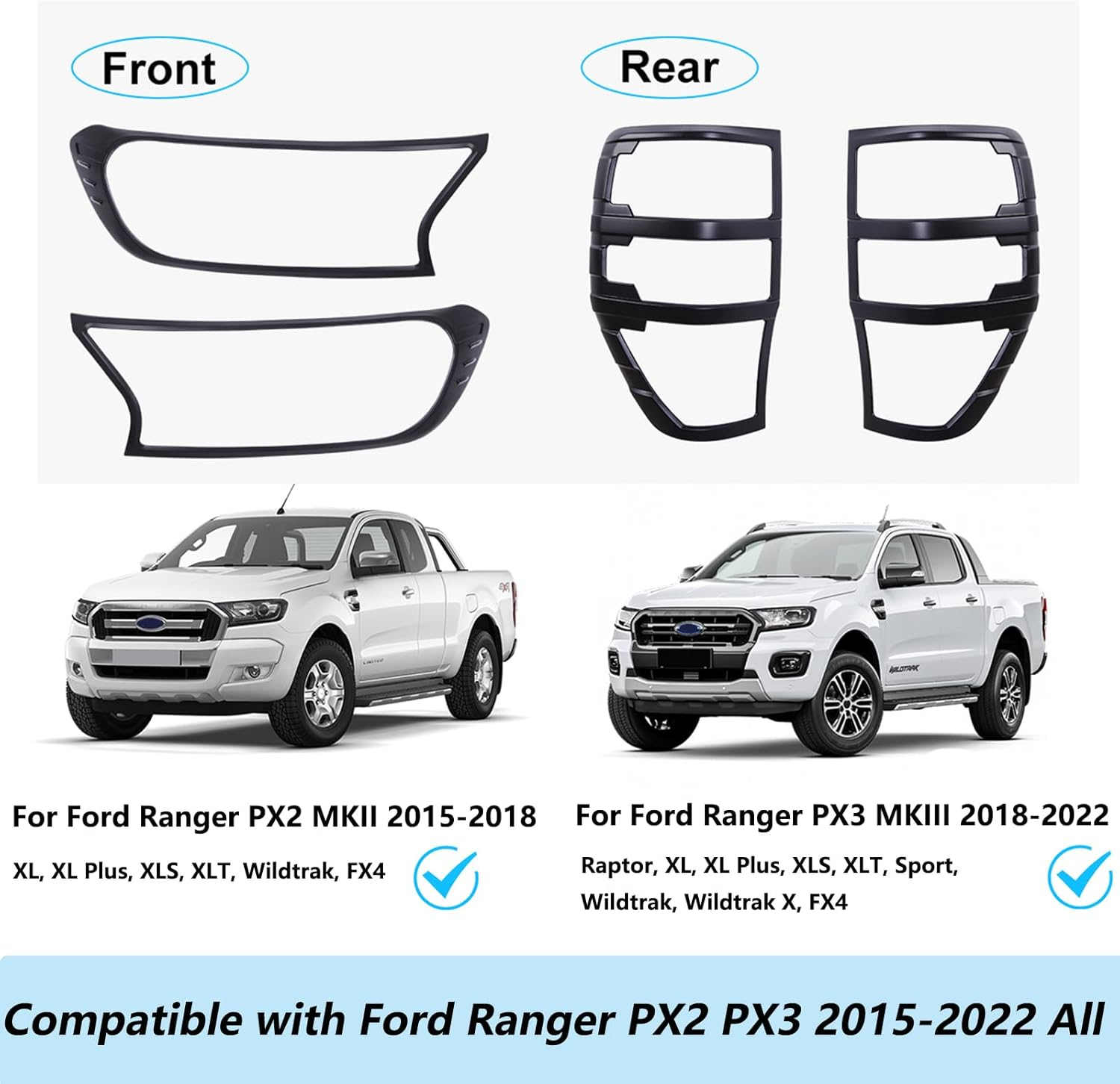 Headlight & Tail Light Trim Covers for Ford Ranger PX2 PX3 Accessories 2015-2022, Front Rear Light Lamp Cover Trim Surround Frame Guard Set, Matte Black Car Exterior image number 5