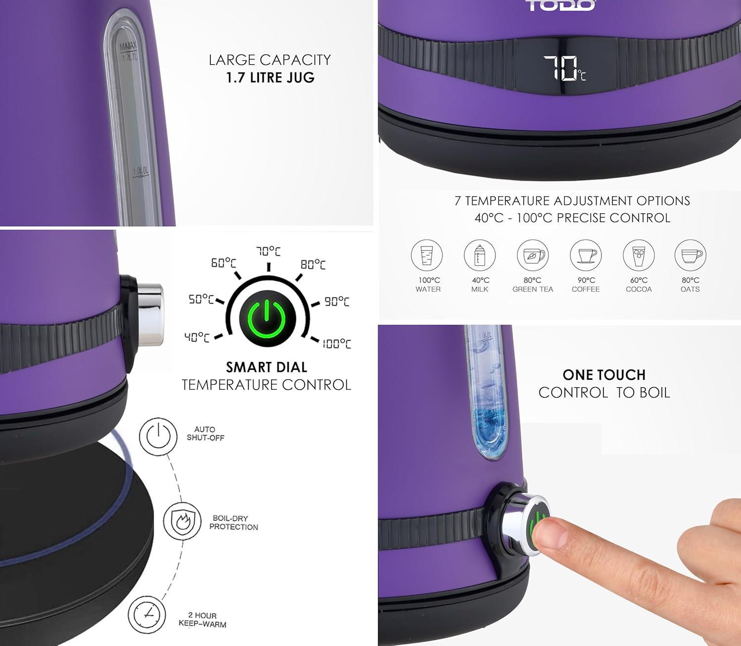 TODO 1.7L Stainless Steel Cordless Kettle Keep Warm Electric Led Water Jug - Purple image number 5