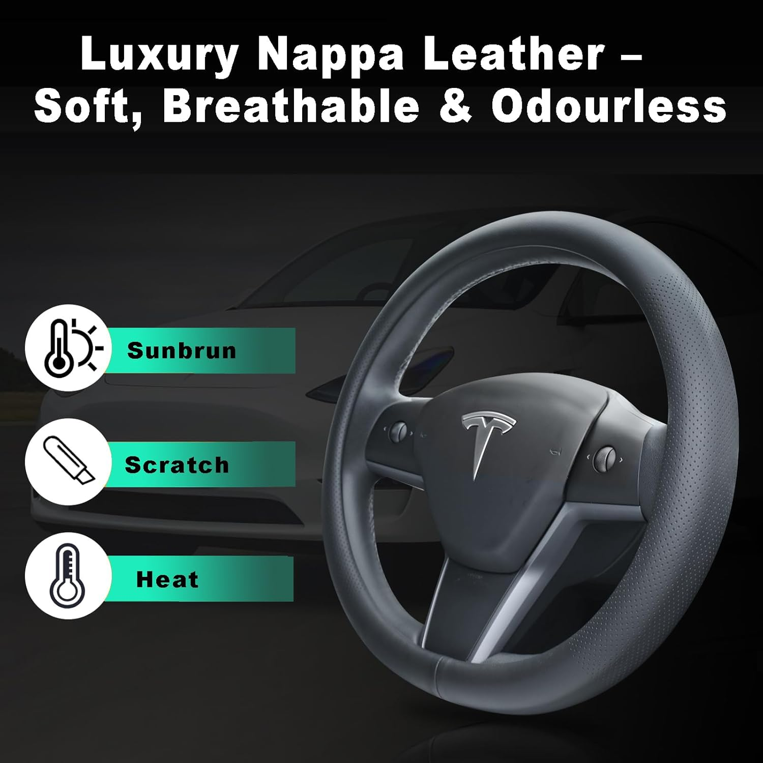 MAEZOE Nappa Leather Steering Wheel Cover for Tesla Model 3/Y 2016&ndash;2026 Juniper/Highland, Ultra-Thin D-Shaped Grip, Breathable & Non-Slip for Commuters, Family, Daily Driving image number 6