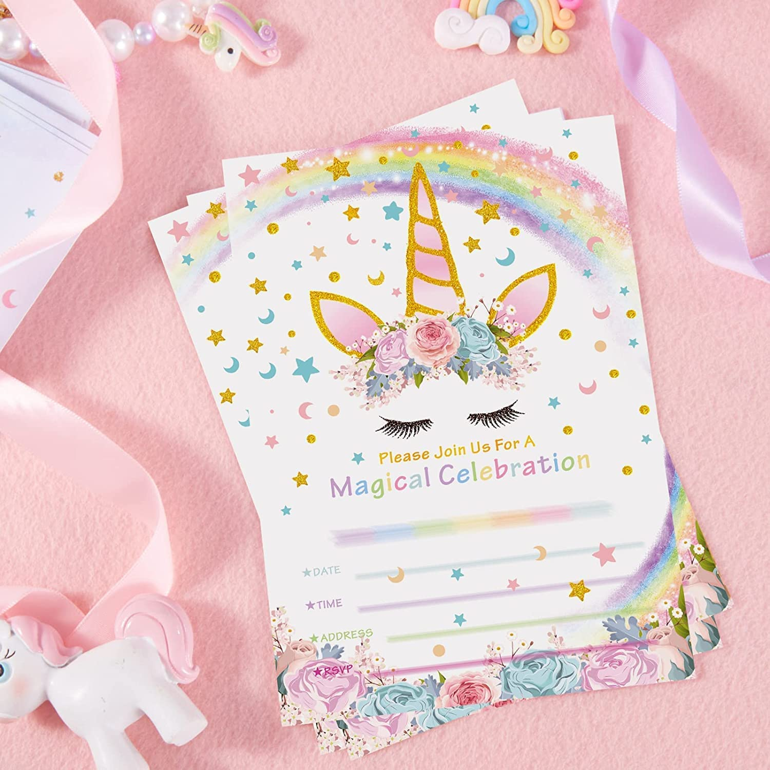 Magical Unicorn Party Invitations with Envelopes for Kids Birthday Baby Shower Unicorn Party Supplies 10 Pieces of Fill-In Blank Invitation Card Kit