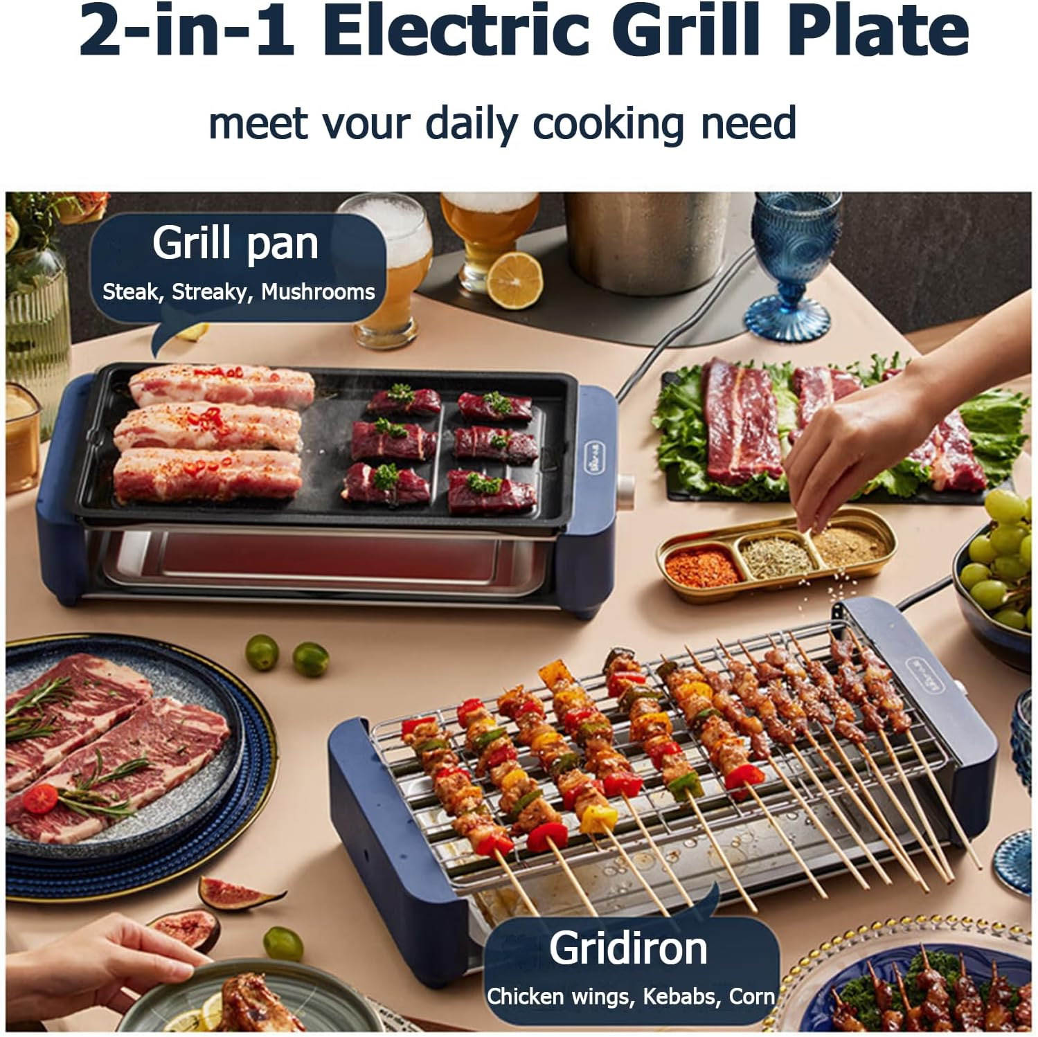 Electric BBQ Grill, 2-In-1 Smokeless Electric Grills with Removable Grill & Non-Stick Baking Pan, Portable Korean BBQ, Knob Temperature Control, 2000W, Dishwasher Safe - Blue image number 4