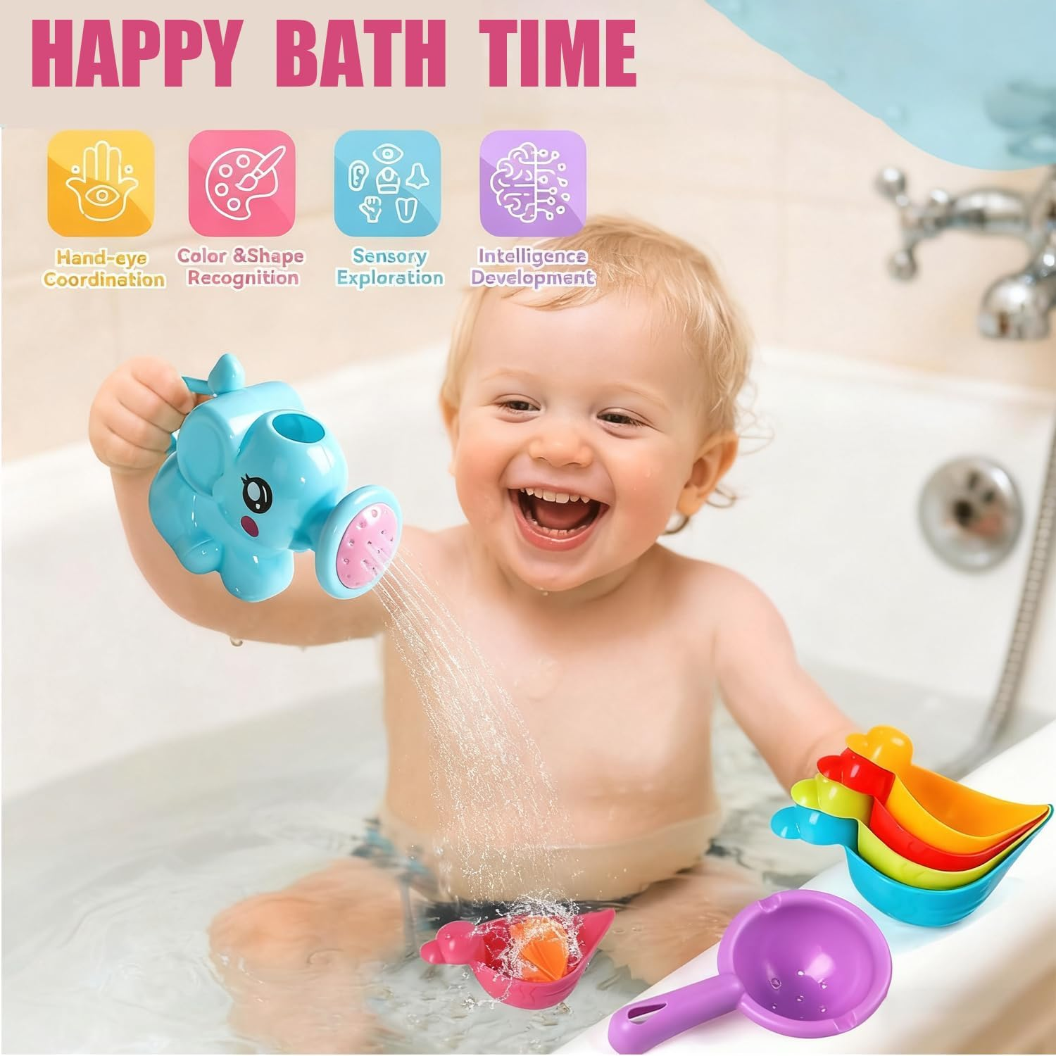 8PCS Mold Free Baby Bath Toys for Toddlers 1-3 , Floating Duck Bathtub Set for Sensory Play | Christmas Birthday Gift for 1 2 3 Year Old Boys & Girls image number 3