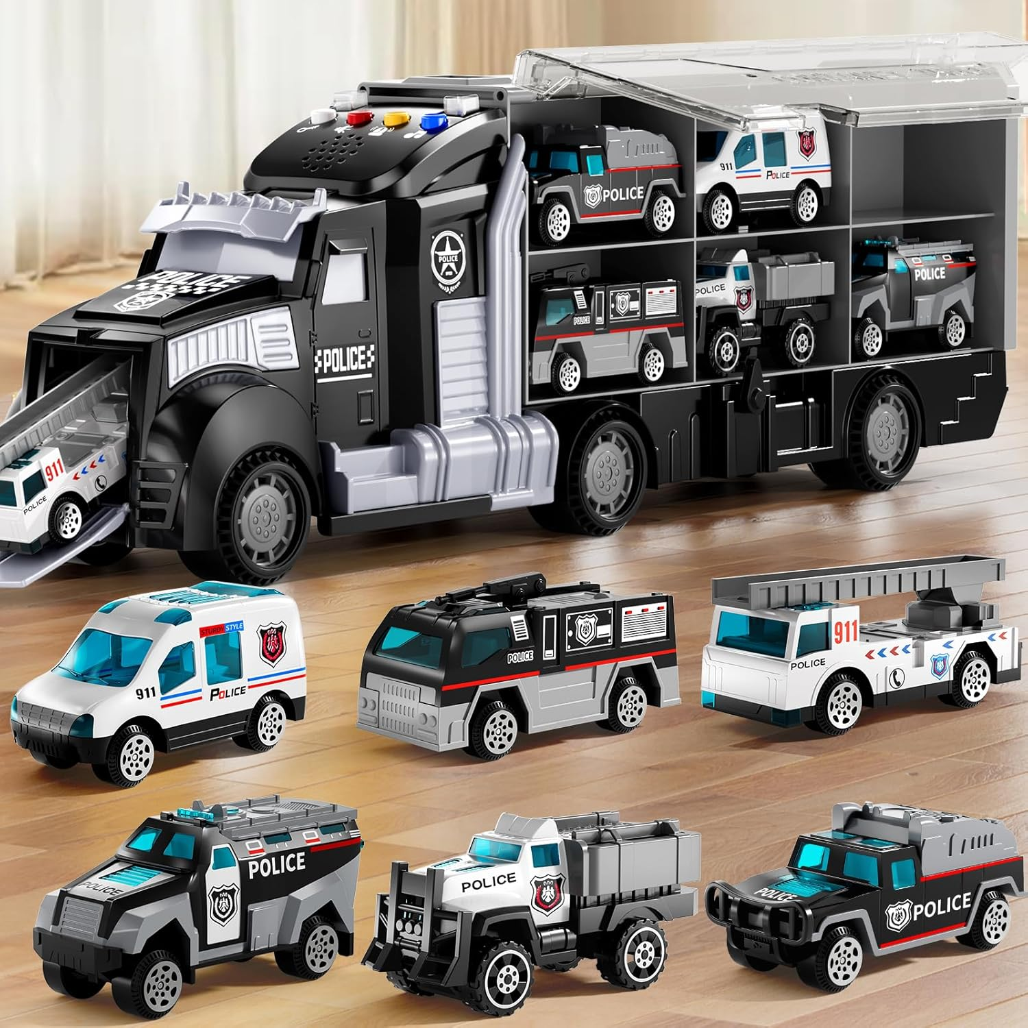 Police Trucks Toy Set with Play Mat, Carrier Truck Play Vehicles Set for 3 4 5 6 Years Old Boys Kids, Die-Cast Car Toy for Toddlers 3-4 Years, Birthday Gifts Toys for 3-9 Year Old Boys image number 5
