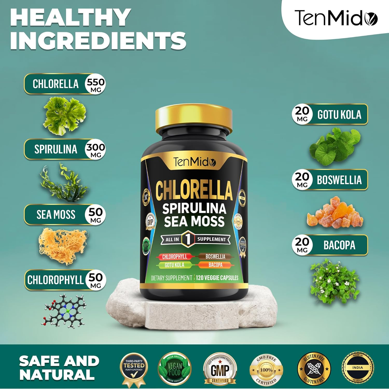 Organic Chlorella Supplement for Men and Women, 7In1 Formula with Spirulina, Sea Moss, Chlorophyll, Gotu Kola, Boswellia & Bacopa - Immune Support - Rich in Nutrient, Vitamins - 120 Capsules image number 5