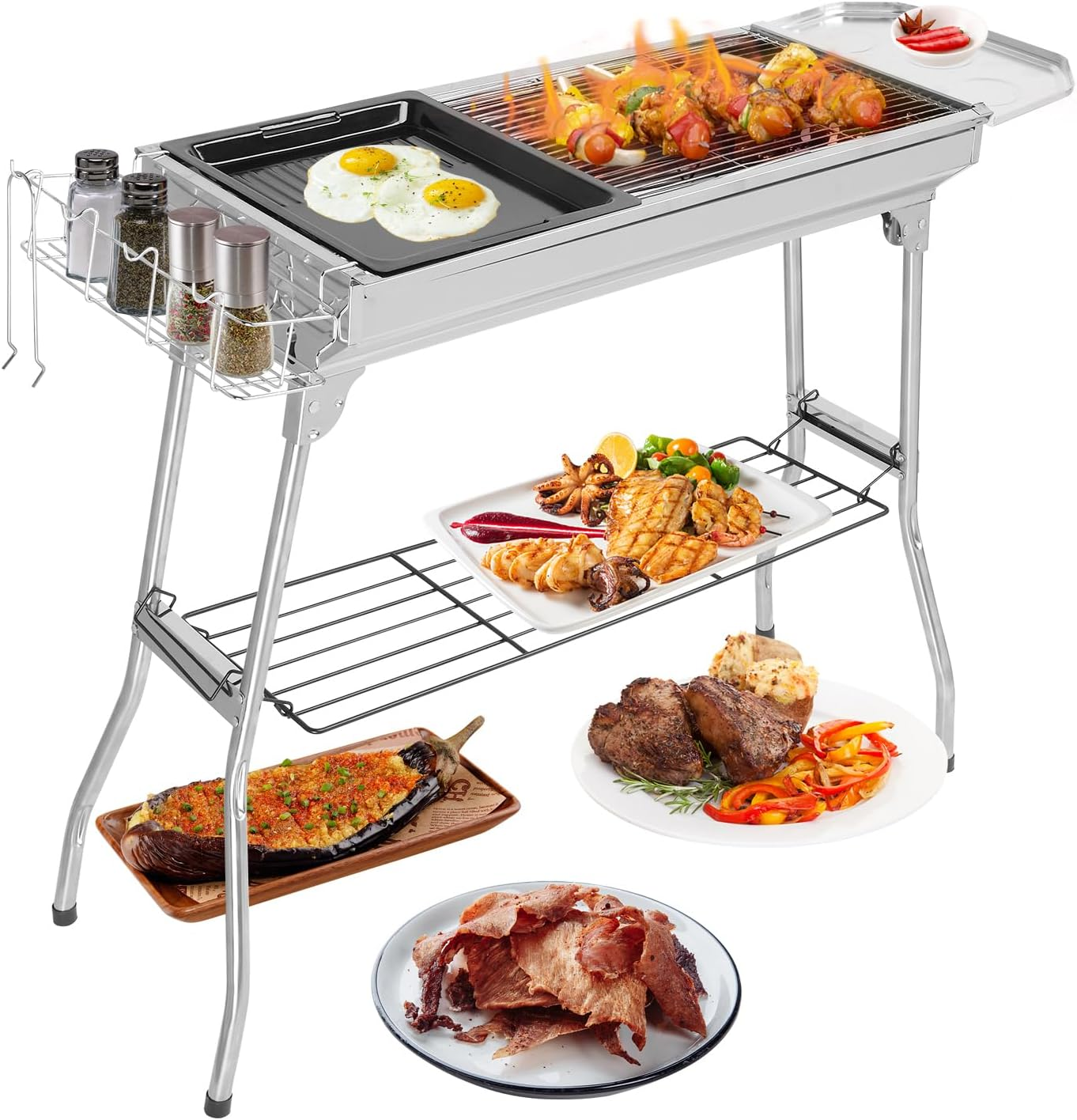 Large Stainless Steel BBQ Charcoal Grill, 39 X 12X 28" Portable & Foldable Barbecue Grill, Outdoor Patio Garden Heating Smoker for Cooking Camping Hiking Picnic Garden Beach Party image number 1