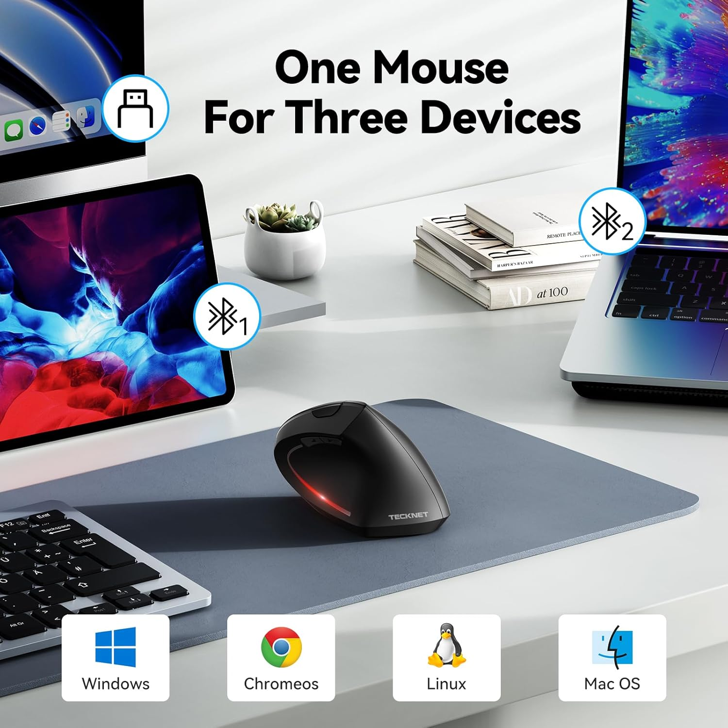 TECKNET Ergonomic Mouse, Wireless Bluetooth Vertical Mouse, 4800 DPI Optical Tracking, 6 Adjustable DPI, Quiet Clicks, 2.4Ghz with USB a Receiver, 6 Buttons, Wide Compatibility image number 5