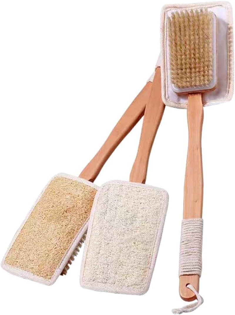Catchu Loofah Shower Brush, Double Sided Eco-Friendly Bath Brush, Natural Loofah Detachable with Long Bamboo Handle and Boar Bristle Back Scrubber for Bathing Skin Exfoliator - Single image number 2