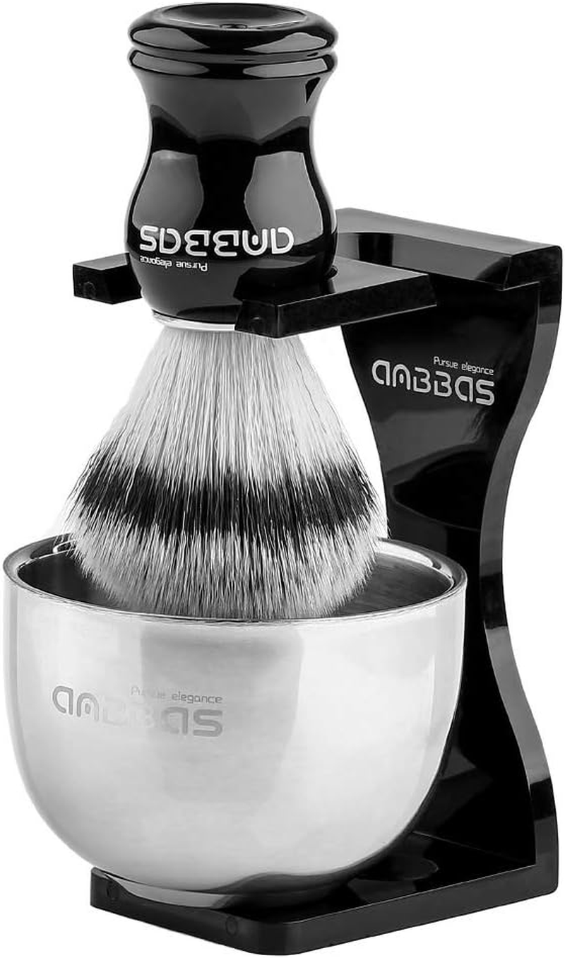 Anbbas Shaving Brush Synthetic Badger Hair with Stainless Steel Shaving Bowl,Black Acrylic Shaving Stand Holer for DE Razor Men Traditional Shave