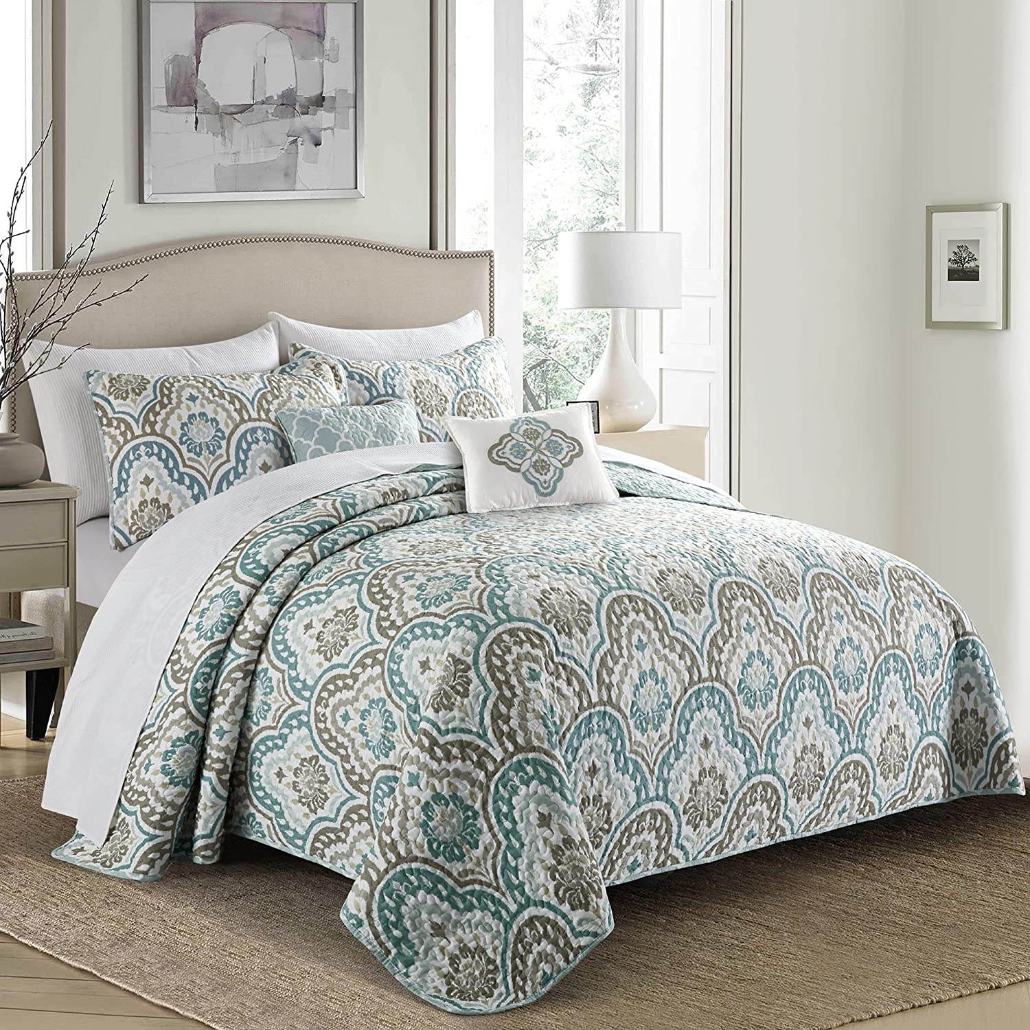 Home Soft Things Tivoli Ikat King Size 102" X 90" 5 Piece Teal Aqua Printed Prewashed Quilted Coverlet Bedspread Bed Cover Set for All Season, Lightweight Quilt Blanket with Matching Shams Pillows