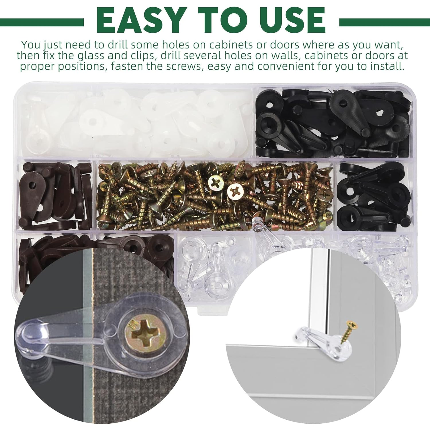 Keadic 240Pcs Plastic Cabinet Door Glass Retainer Clips Assortment Set with Screws, 5Mm Offsets Transparent/White/Black/Brown Glass Window Screen Door Clip Holders for for Fixing Mirror Cabinet Door image number 4