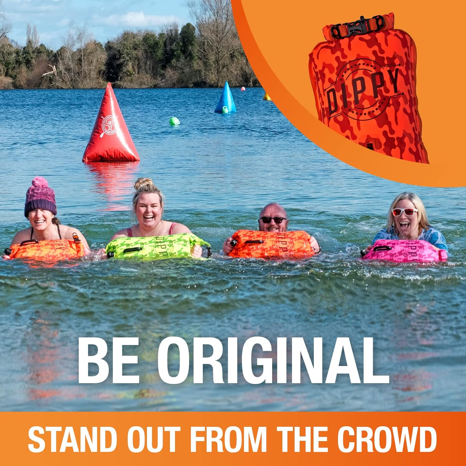 DIPPY Tow Floats for Open Water Swimming | 28L Swim Buoy Open Water Swimming Float | Waterproof Swimming Buoy | Tow Float Dry Bag | Wild Swimming Float | Wild Swimming Accessories (Orange Cammo)