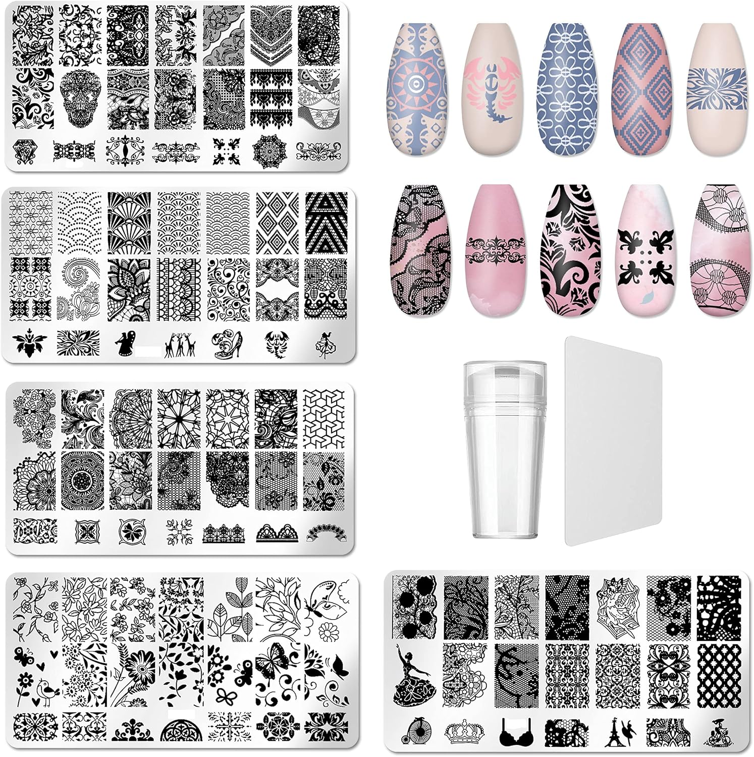 Nail Stencil Stamp Set, 5 Pieces Nail Stamping Plate with 1 Transparent Stamp, 1 Piece Scraper, Nail Art Tool for Women Girls image number 5