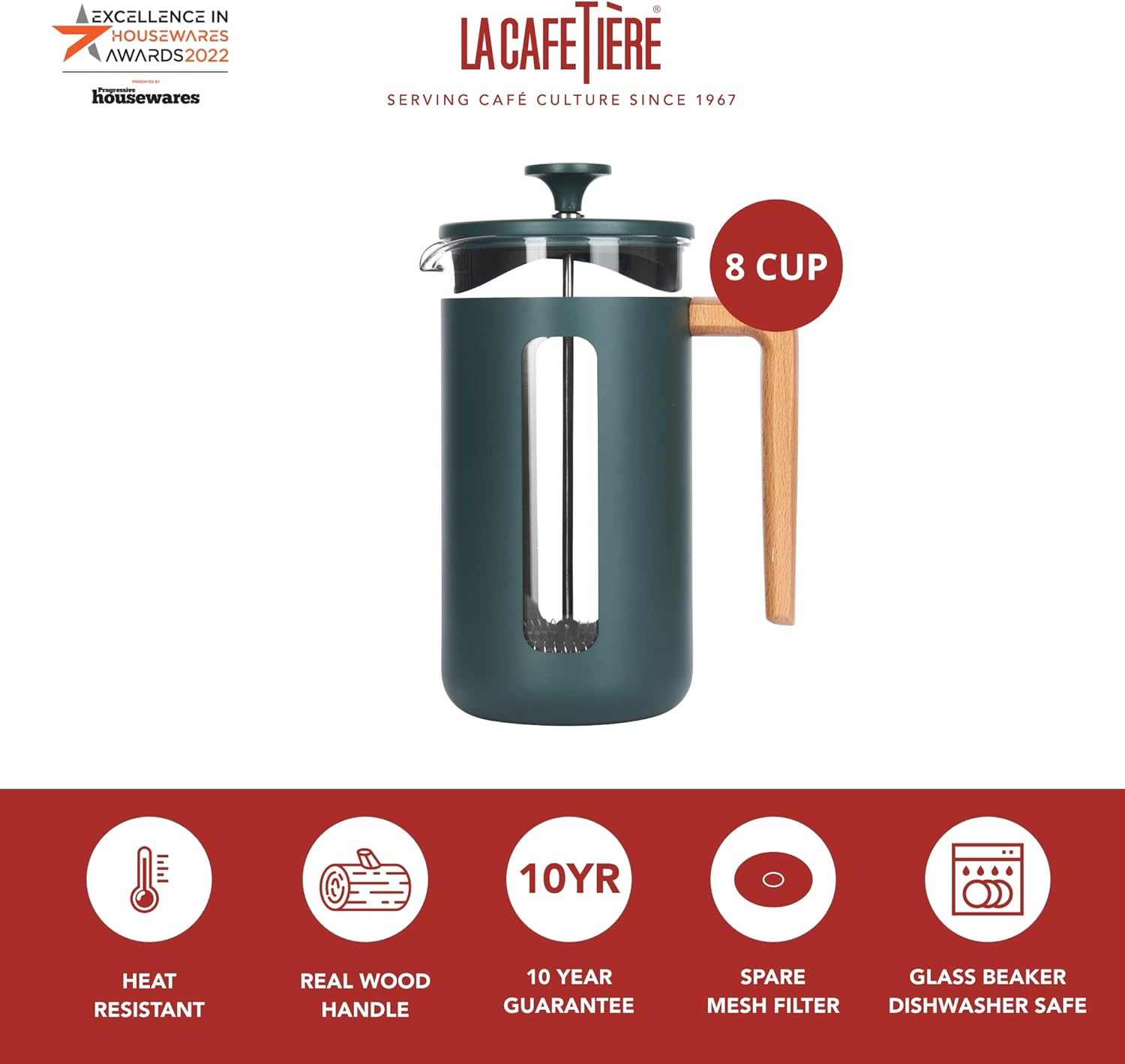 La Cafeti&egrave;re Pisa Stainless Steel Cafeti&egrave;re, 8 Cup French Press, Green, Gift Boxed - Copper image number 3