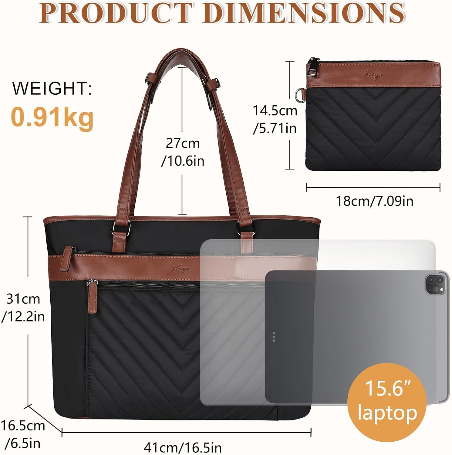 Laptop Tote Bag for Women, KASQO Large Water-Resistant 15.6 Inch Computer Shoulder Bag Ladies Work Tote Leather Handbags Satchel with Clutch Purse for Office School Travel - Black image number 2