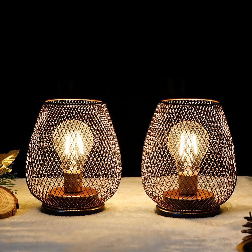 TRIROCKS Set of 4 Battery Operated Lamp LED Table Lantern, Metal Cage Cordless Lamps with LED Bulb，Vintage Decorative Outdoor Lantern for Weddings, Parties, Patio, Events for Indoors Shelf Decor image number 5